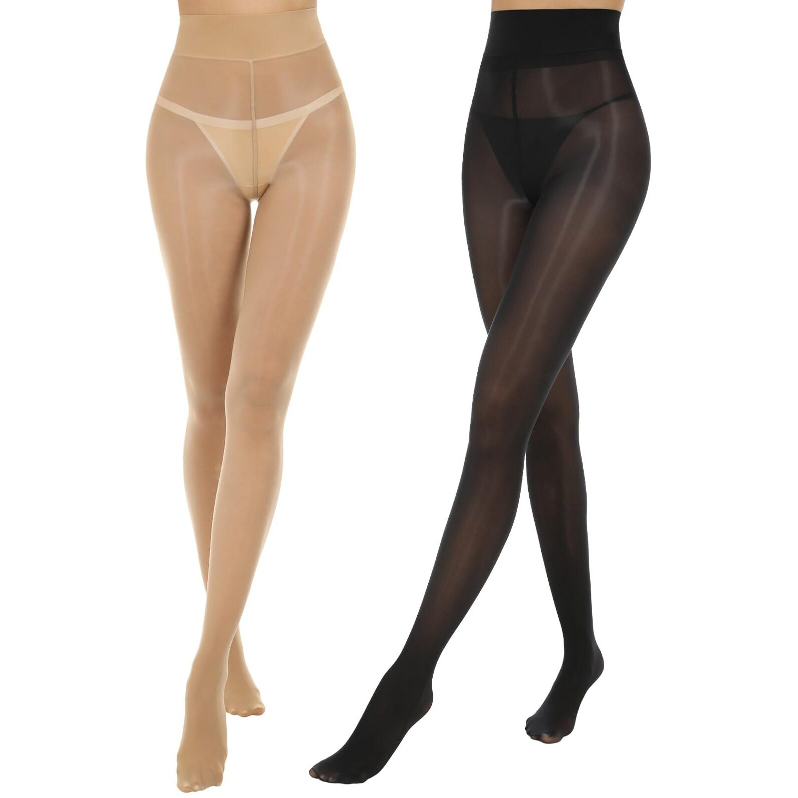 Aaronano Shiny Pantyhose For Women High Waist Silk Oil Shimmer Sheer Tights 1 Pairs Black And 1 Pairs Natural S-M