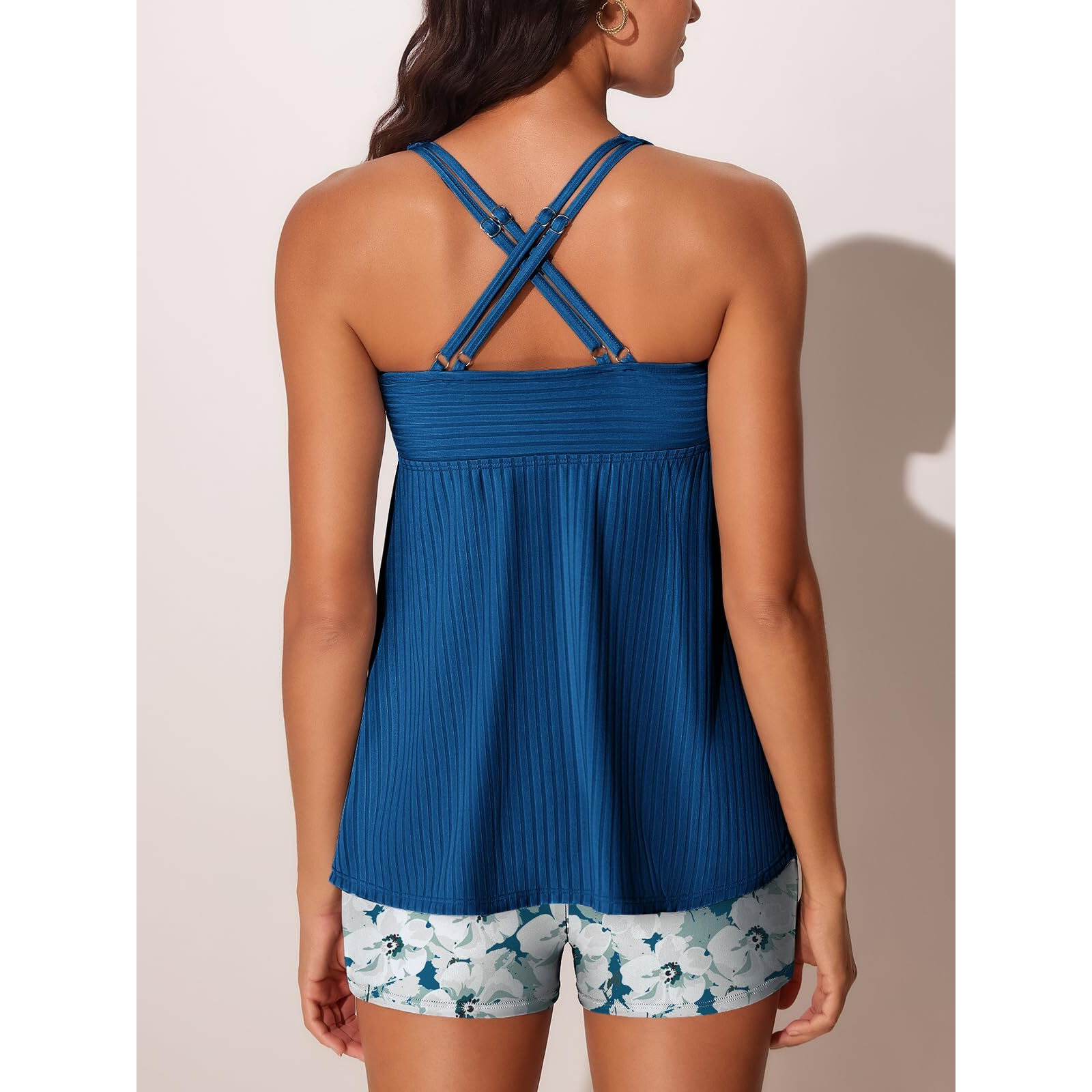 Miyang Tankini Swimsuits For Women 2025 Tummy Control Modest Flowy Two Piece Bathing Suits Top With Pockets Shorts Blue White Oil Painting Flowers Size L