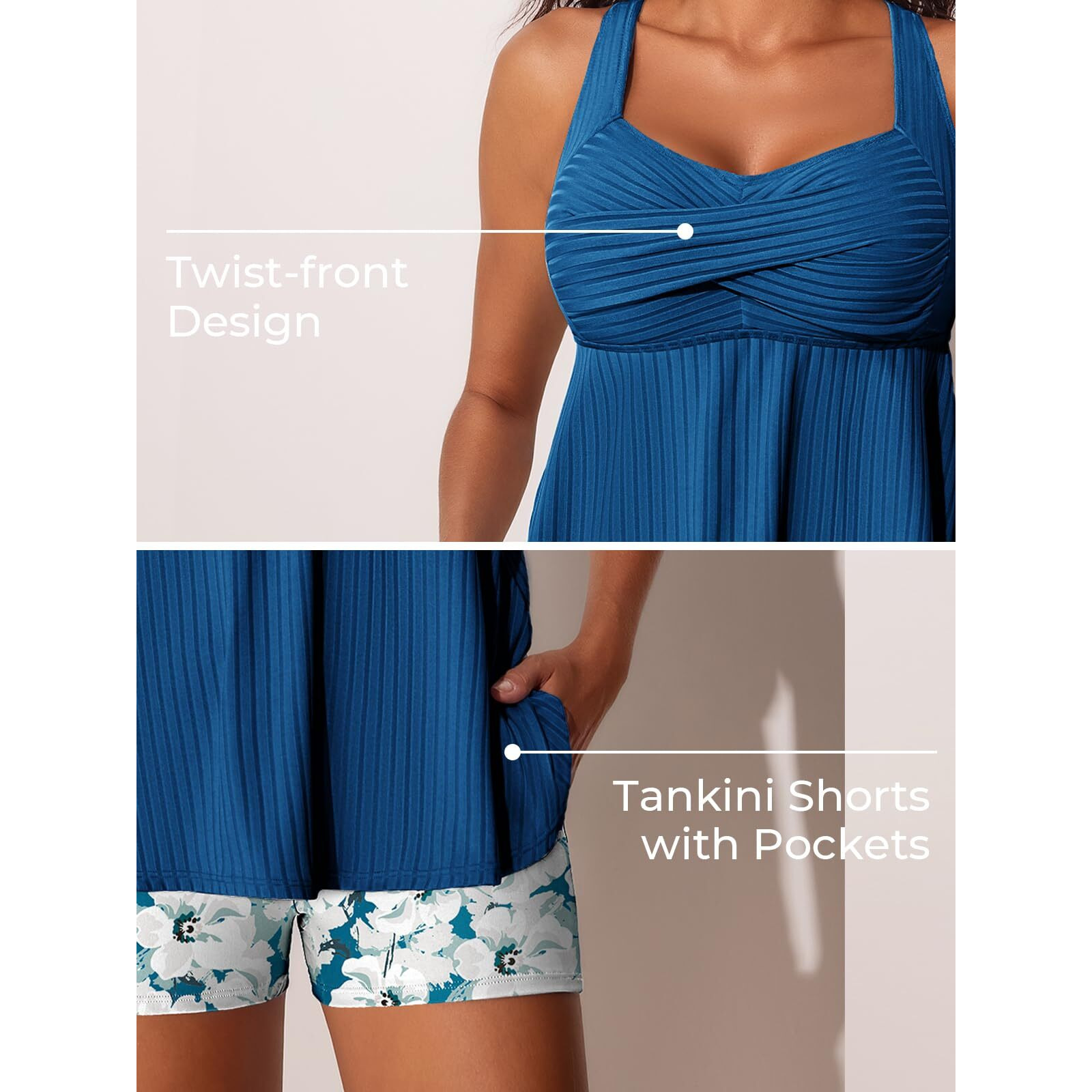 Miyang Tankini Swimsuits For Women 2025 Tummy Control Modest Flowy Two Piece Bathing Suits Top With Pockets Shorts Blue White Oil Painting Flowers Size L