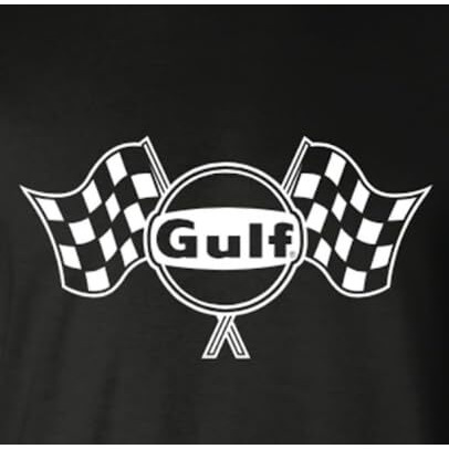 Gulf Oil Officially Licensed Men's Premium Short Sleeve T-Shirt, Gulf Classic Logo With Finishing Flags Graphic Tee (Us, Alpha, Small, Regular, Regular, Black)