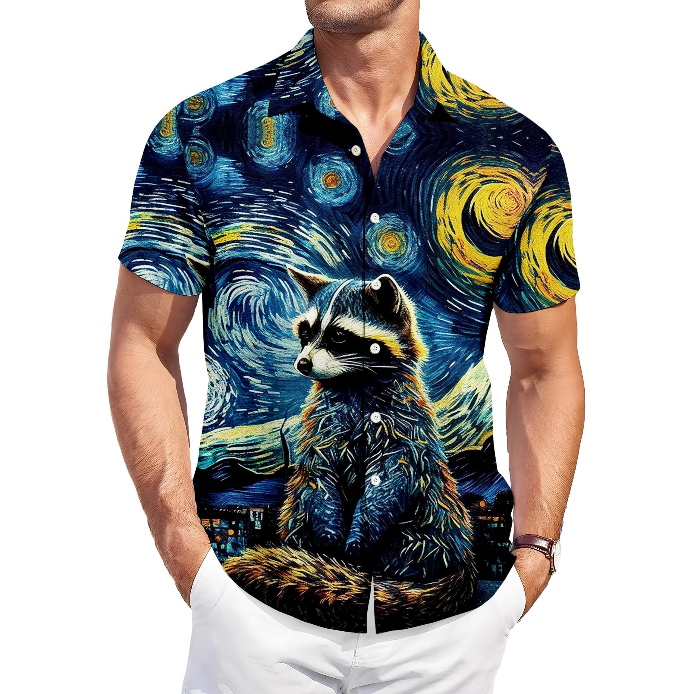 Oil Painting Raccoon Hawaiian Shirt, Short Sleeve Button Down, Art Print, Regular Fit