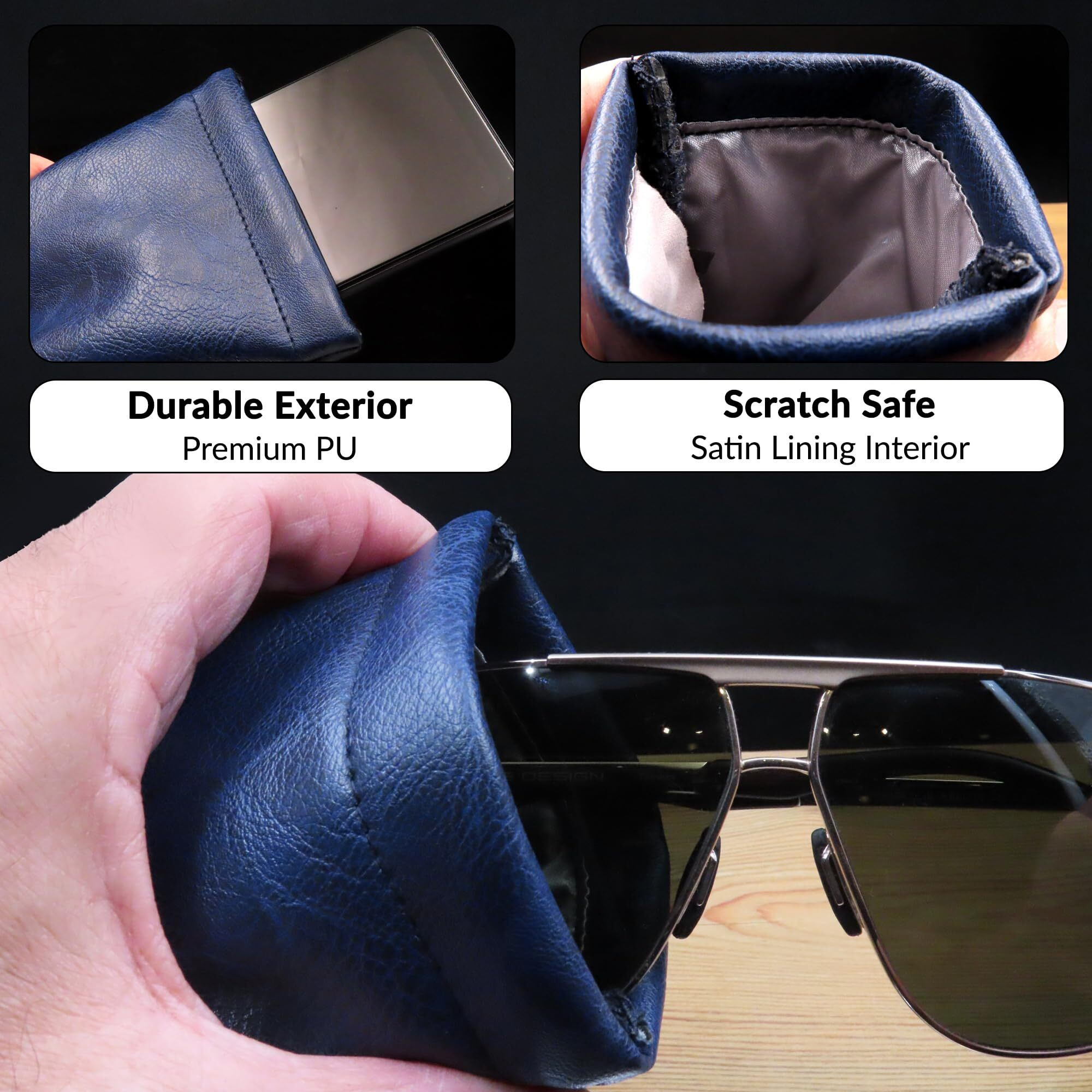 Myeyeglasscase Soft Sunglasses Case | Large Squeeze Top With Cleaning Cloth | A Large Soft Glasses Pouch Passport Holder | Earbud Ear Phones And Cell Phone Storage (Ct8 Navy Blue)