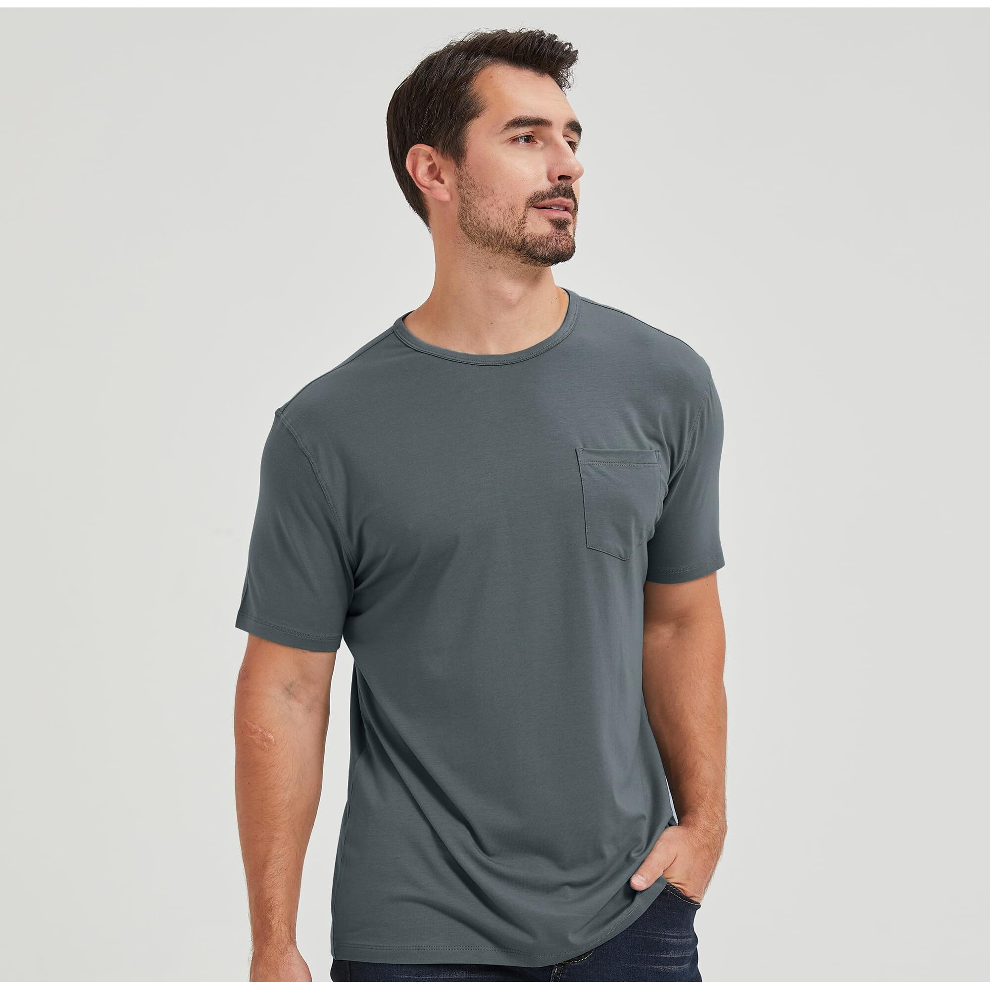 Netdraw Men's Ultra Soft Bamboo Viscose Pocket T-Shirt Classic Fit Lightweight Cooling Short Sleeve Casual Basic Cotton Shirt (Oil Grey, Small)