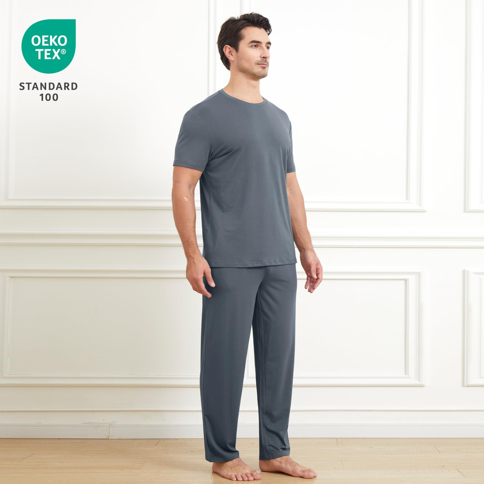 Netdraw Men's Ultra Soft Bamboo Viscose Pajama Sets Lightweight Comfy Lounge Sleep Short Sleeve Pjs Sleepwear, Short Sleeve/Pants-Oil Grey, Small