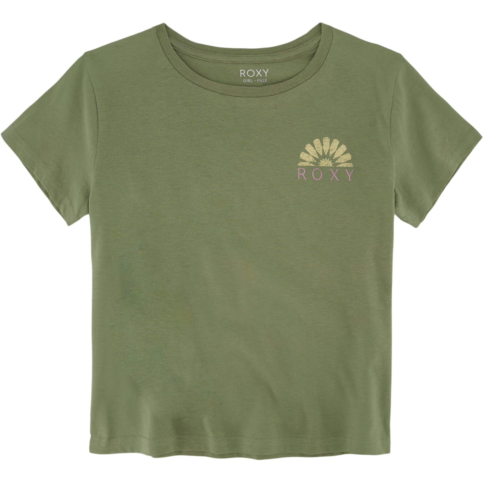 Roxy Girls' Short Sleeve Boyfriend Fit Logo Tee, Crew Neck Graphic T-Shirt, Soft & Comfortable, Oil Green Mosaic, 7