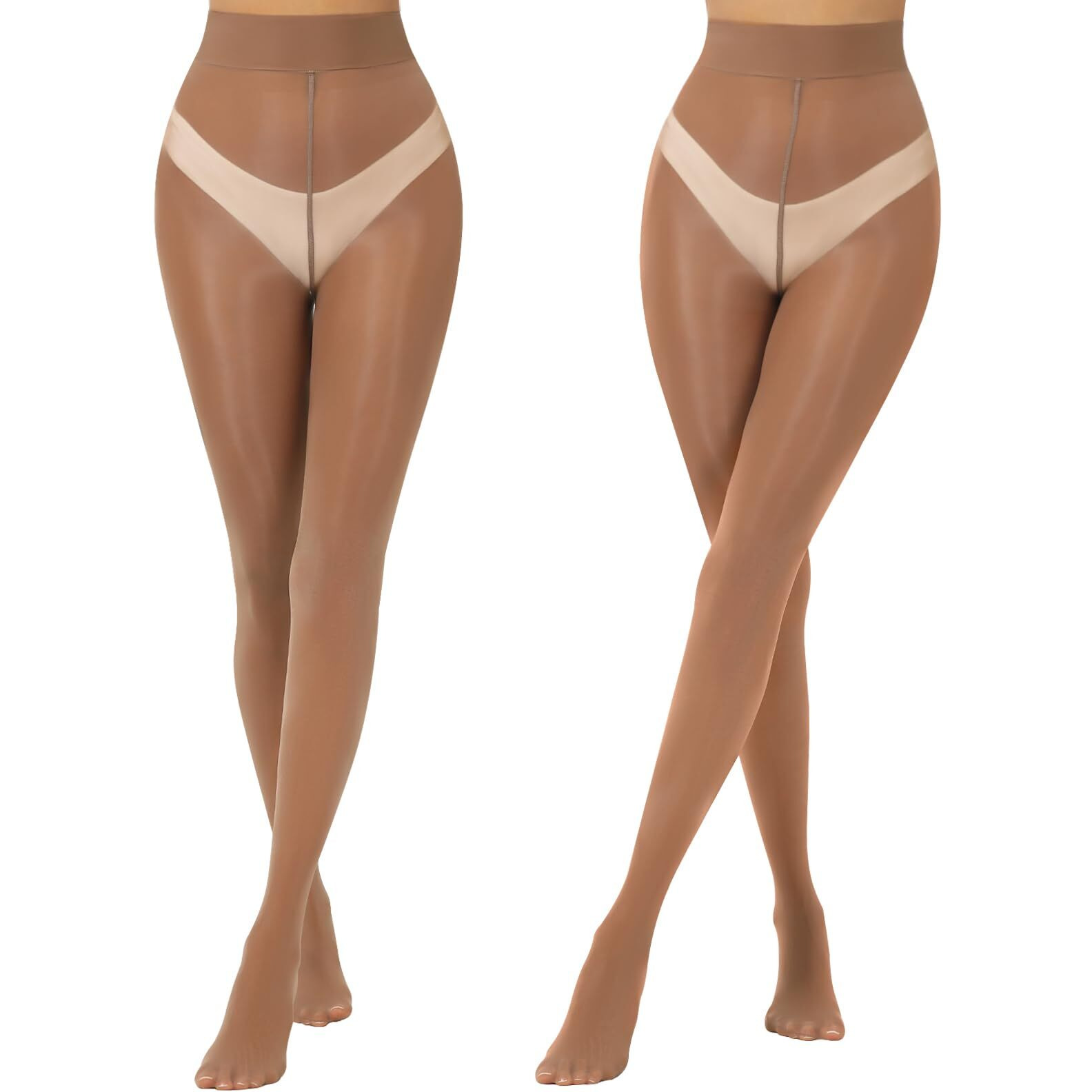 Aaronano 2 Pairs Brown Shiny Pantyhose For Women High Waist Silk Oil Shimmer Sheer Tights S-M