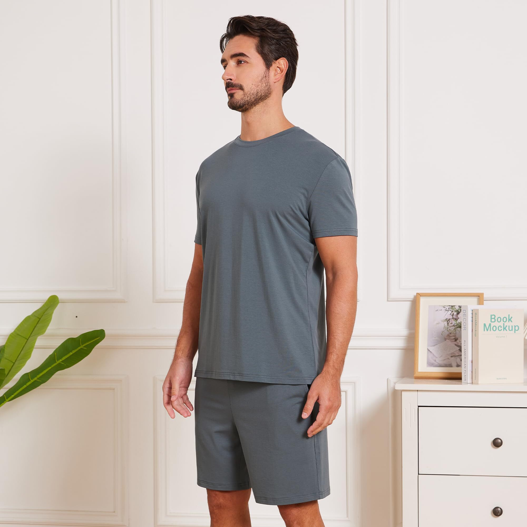 Netdraw Men's Ultra Soft Bamboo Viscose Pajama Sets Lightweight Comfy Lounge Sleep Short Sleeve Pjs Sleepwear, Oil Grey, Large