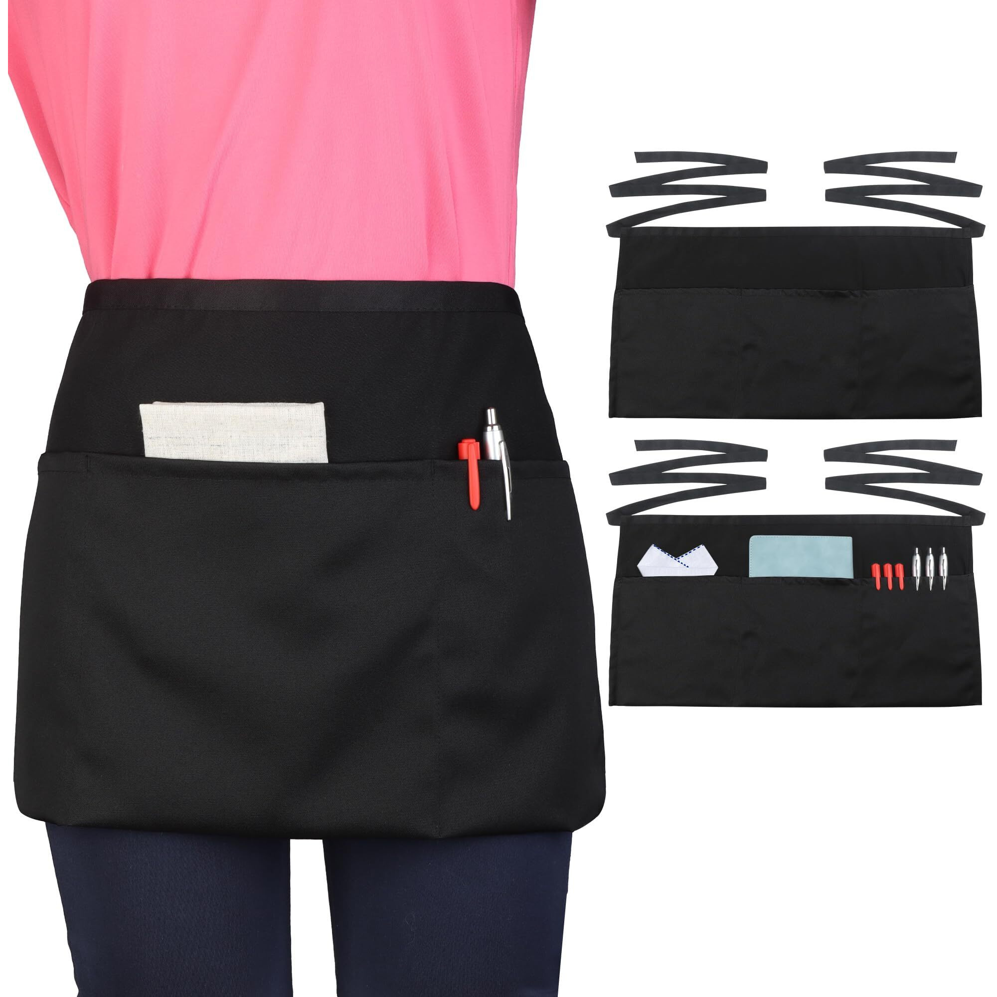 Wsaeig Server Waitress Waist Apron - Half Apron With 3 Pockets,2 Pack Black Short Aprons For Servers,Waiter Apron Water & Oil Resistant
