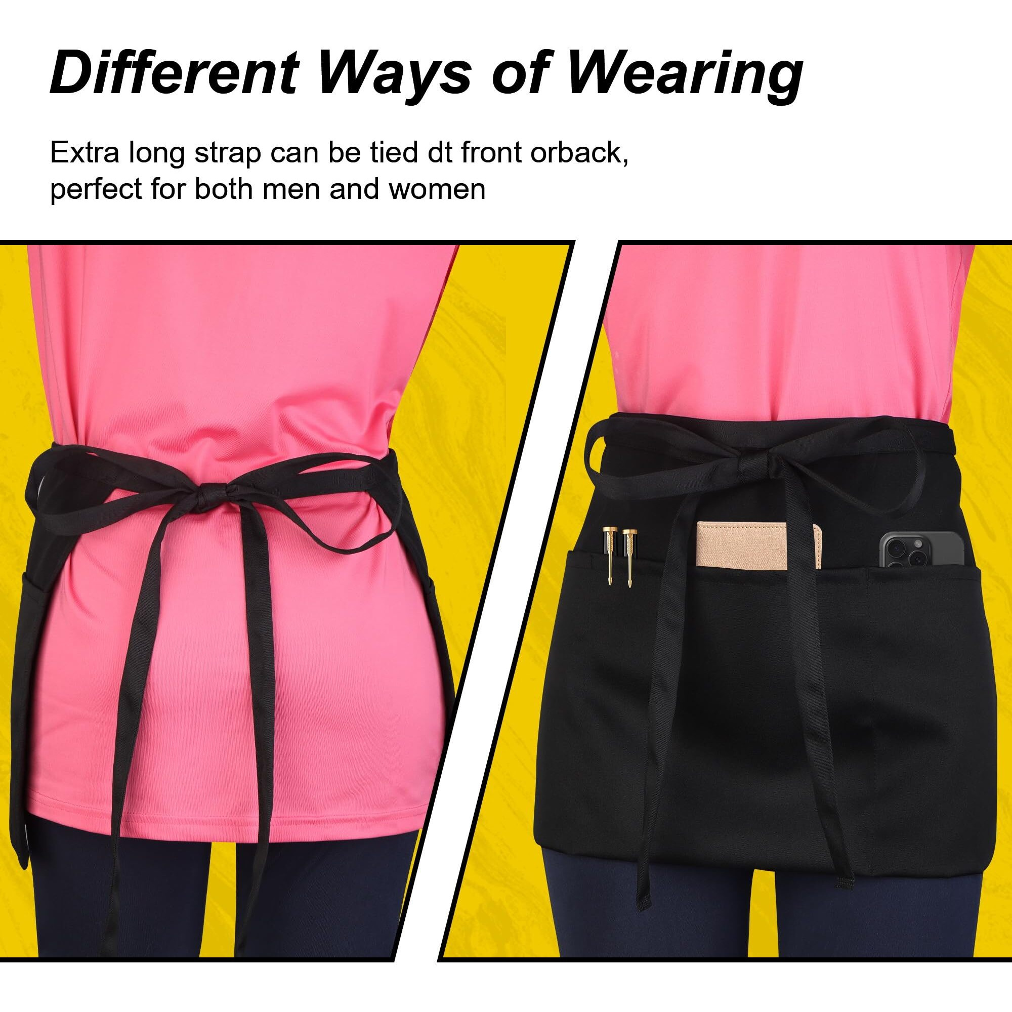 Wsaeig Server Waitress Waist Apron - Half Apron With 3 Pockets,2 Pack Black Short Aprons For Servers,Waiter Apron Water & Oil Resistant