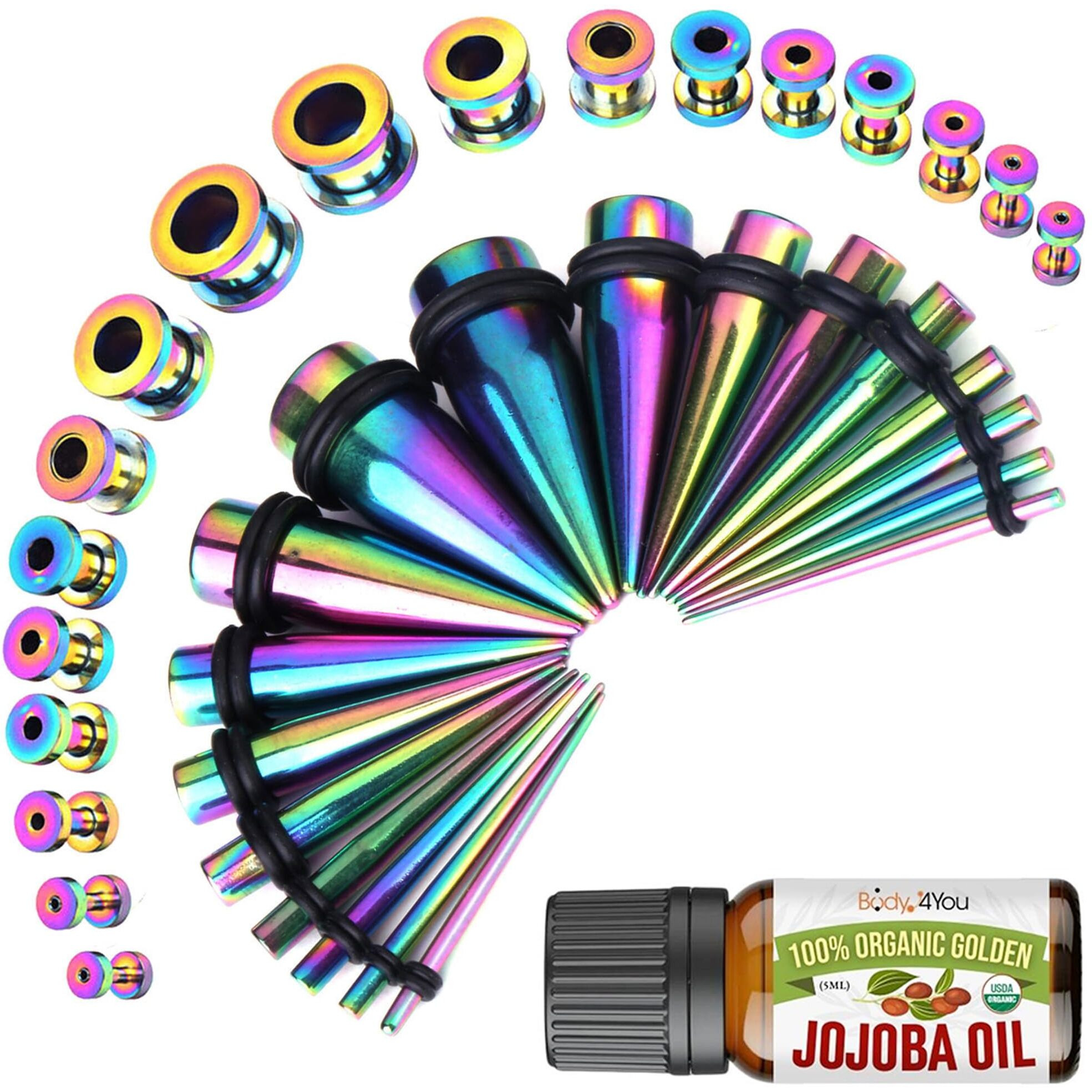 Bodyj4You 37Pc Ear Stretching Kit - Beginner Gauges 14G-00G Starter Set - Aftercare Jojoba Oil - Rainbow Steel Tapers Plugs Screw Fit Tunnels - Women Eyelet Mens Earrings Expander Piercing Jewelry