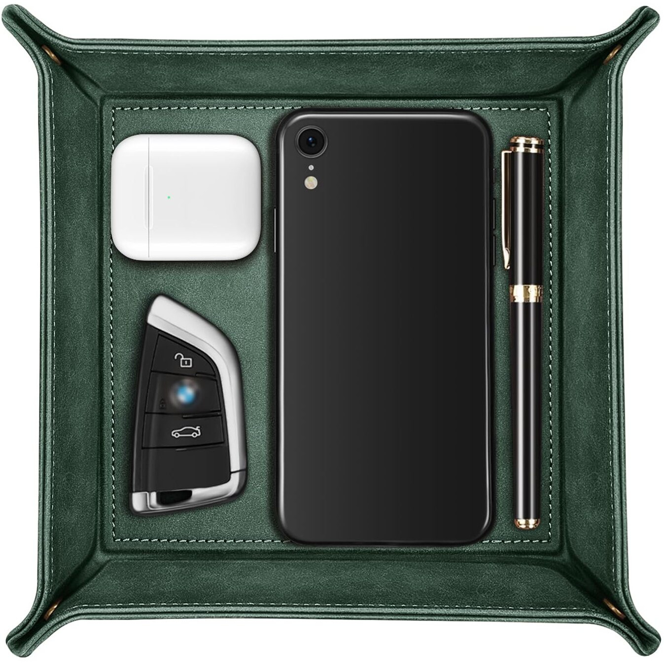 Sithon Valet Tray Desktop Storage Organizer - Premium Pu Leather Catchall Bedside Vanity Tray Nightstand Caddy Holder For Remote Controller, Keys, Phone, Wallet, Coin, Jewelry, Dark Green