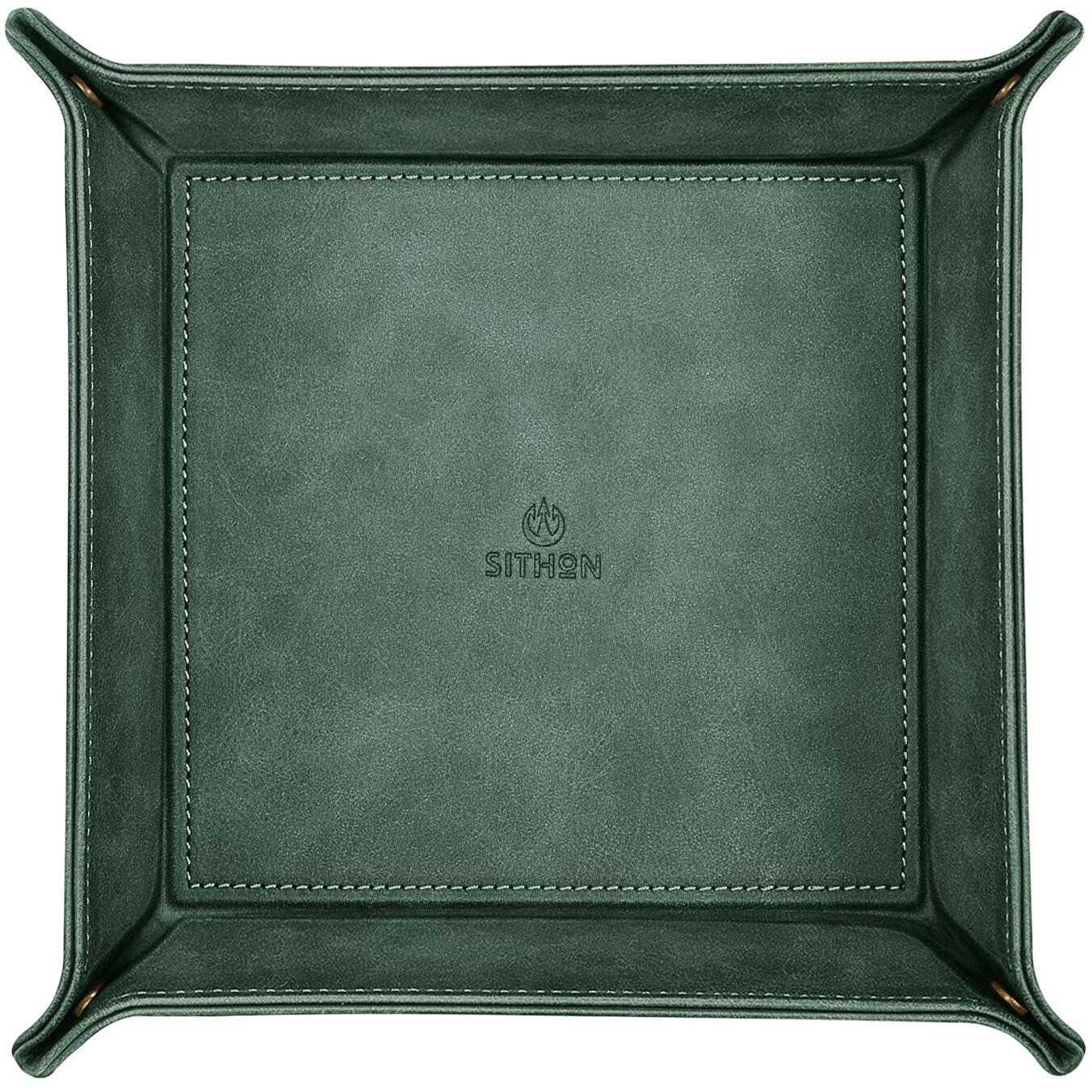Sithon Valet Tray Desktop Storage Organizer - Premium Pu Leather Catchall Bedside Vanity Tray Nightstand Caddy Holder For Remote Controller, Keys, Phone, Wallet, Coin, Jewelry, Dark Green