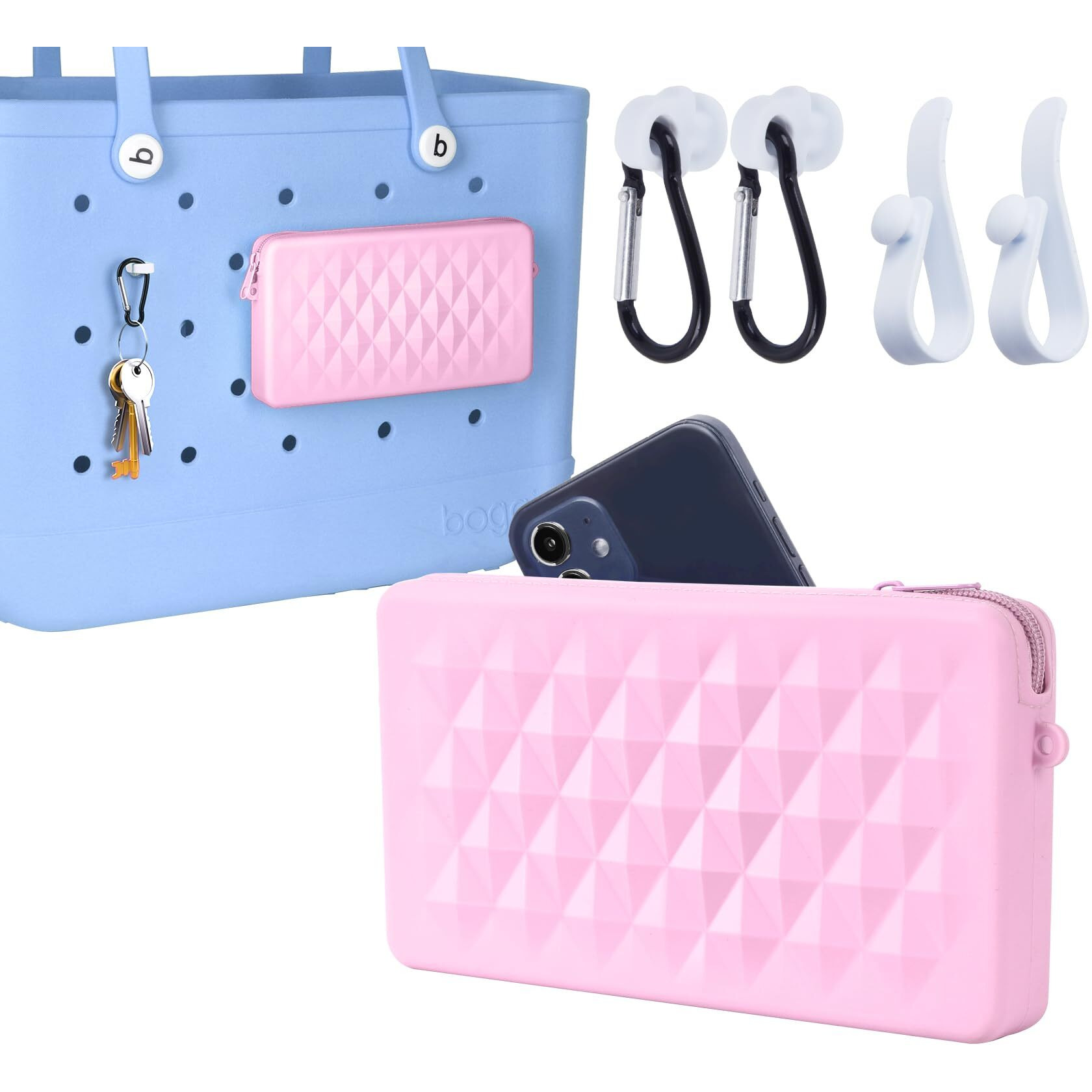 Raymall Silicone Pouch For Bogg Bag Accessories, Universal Cell Phone Holder For Bogg Bag, Zipper Pouch With 4 Hooks Compatible With Simple Modern Beach Tote Xl/L Pink