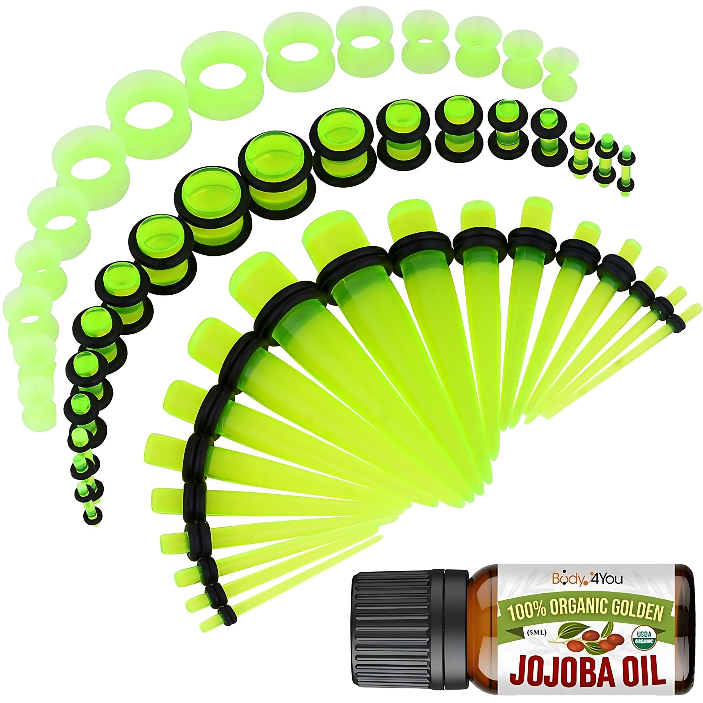 Bodyj4You 54Pc Ear Stretching Kit 14G-12Mm - Aftercare Jojoba Oil - Transparent Green Acrylic Plugs Gauge Tapers Silicone Tunnels - Lightweight Expanders Men Women