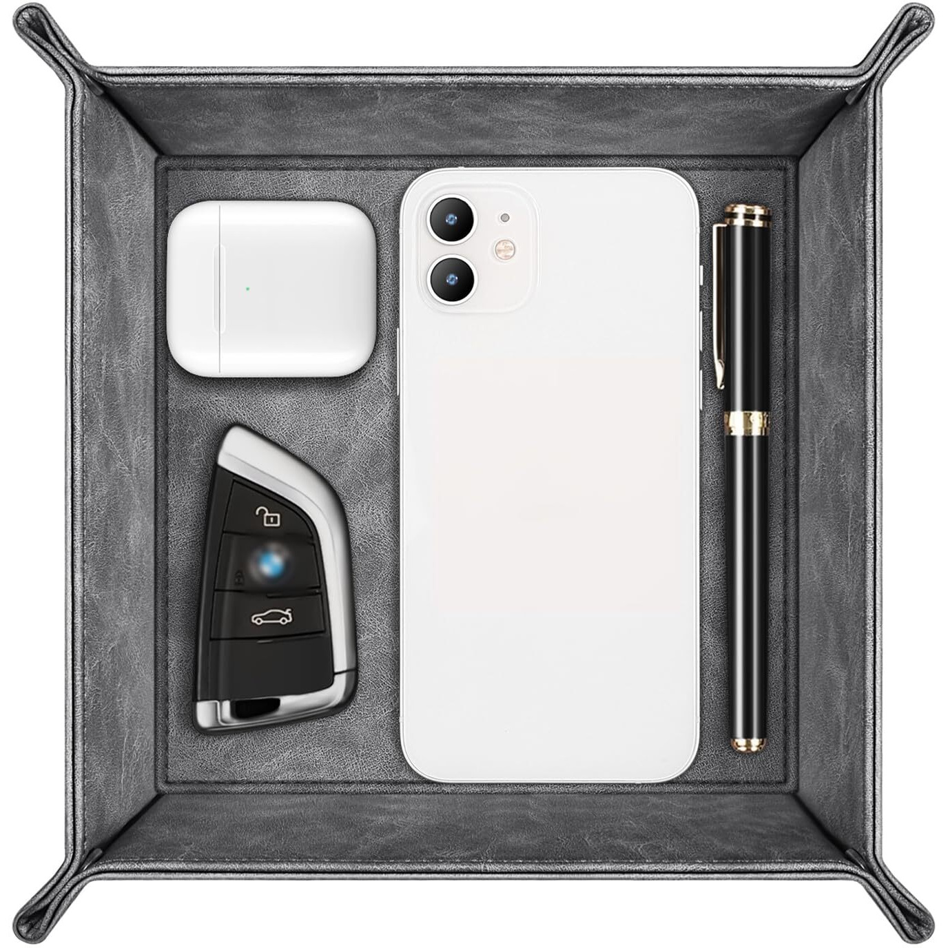 Sithon Valet Tray Desktop Storage Organizer - Premium Pu Leather Catchall Bedside Vanity Tray Nightstand Caddy Holder For Remote Controller, Keys, Phone, Wallet, Coin, Jewelry (Gray)