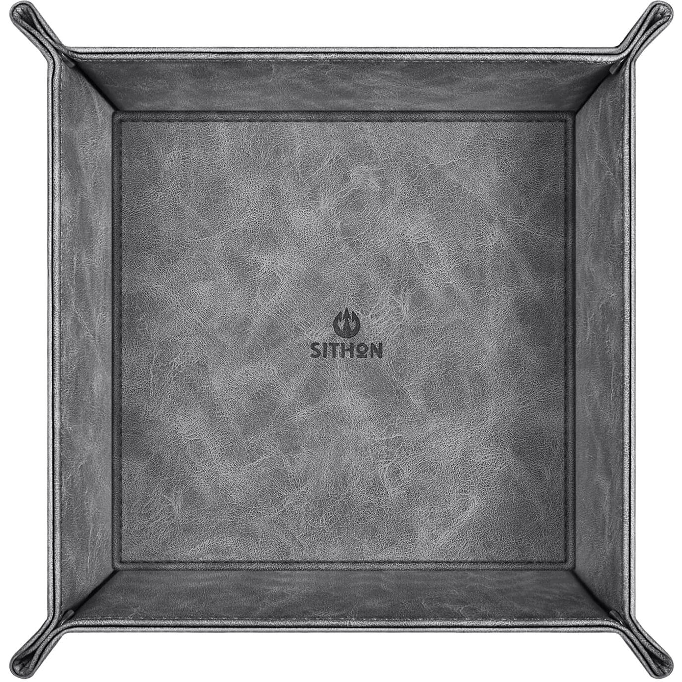 Sithon Valet Tray Desktop Storage Organizer - Premium Pu Leather Catchall Bedside Vanity Tray Nightstand Caddy Holder For Remote Controller, Keys, Phone, Wallet, Coin, Jewelry (Gray)