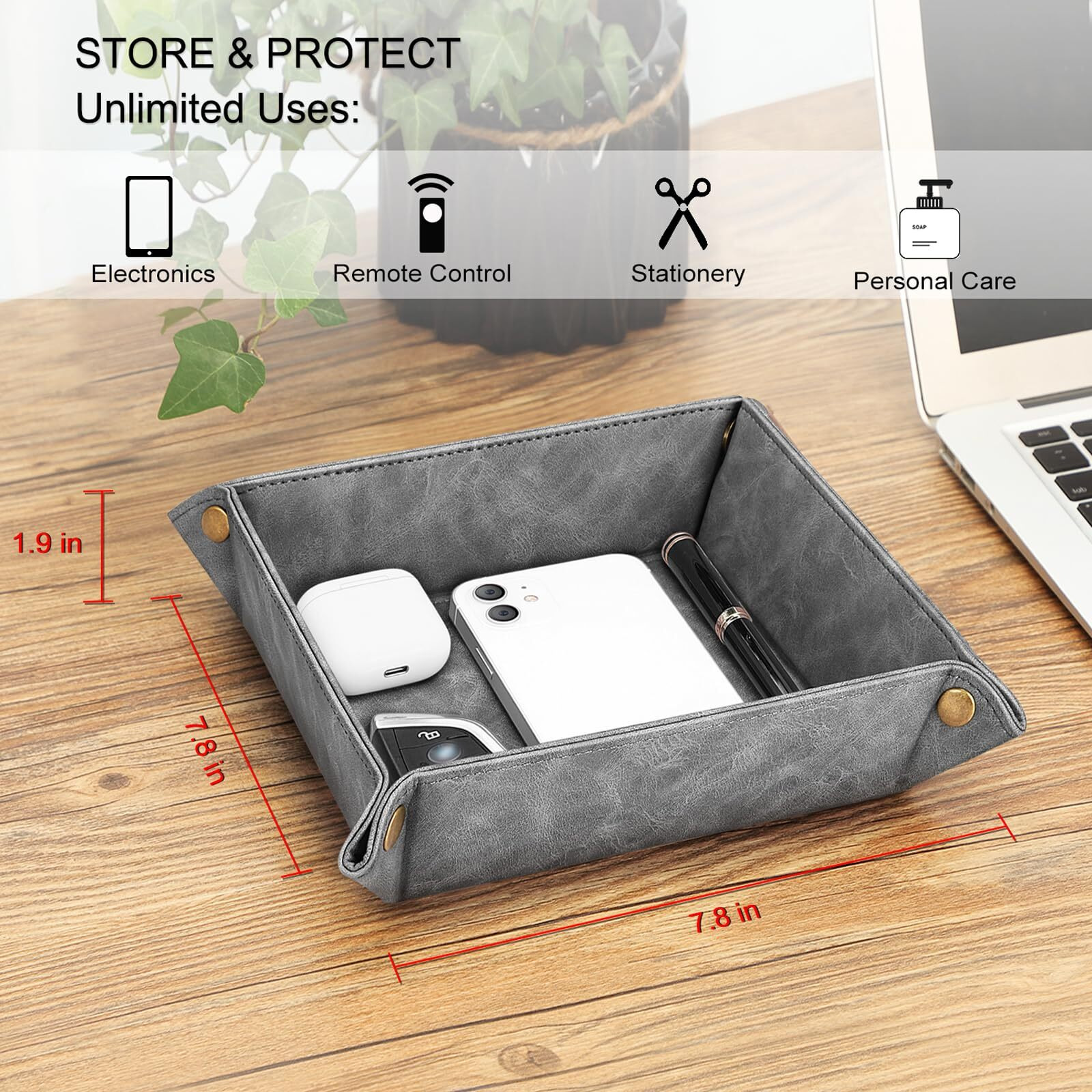 Sithon Valet Tray Desktop Storage Organizer - Premium Pu Leather Catchall Bedside Vanity Tray Nightstand Caddy Holder For Remote Controller, Keys, Phone, Wallet, Coin, Jewelry (Gray)