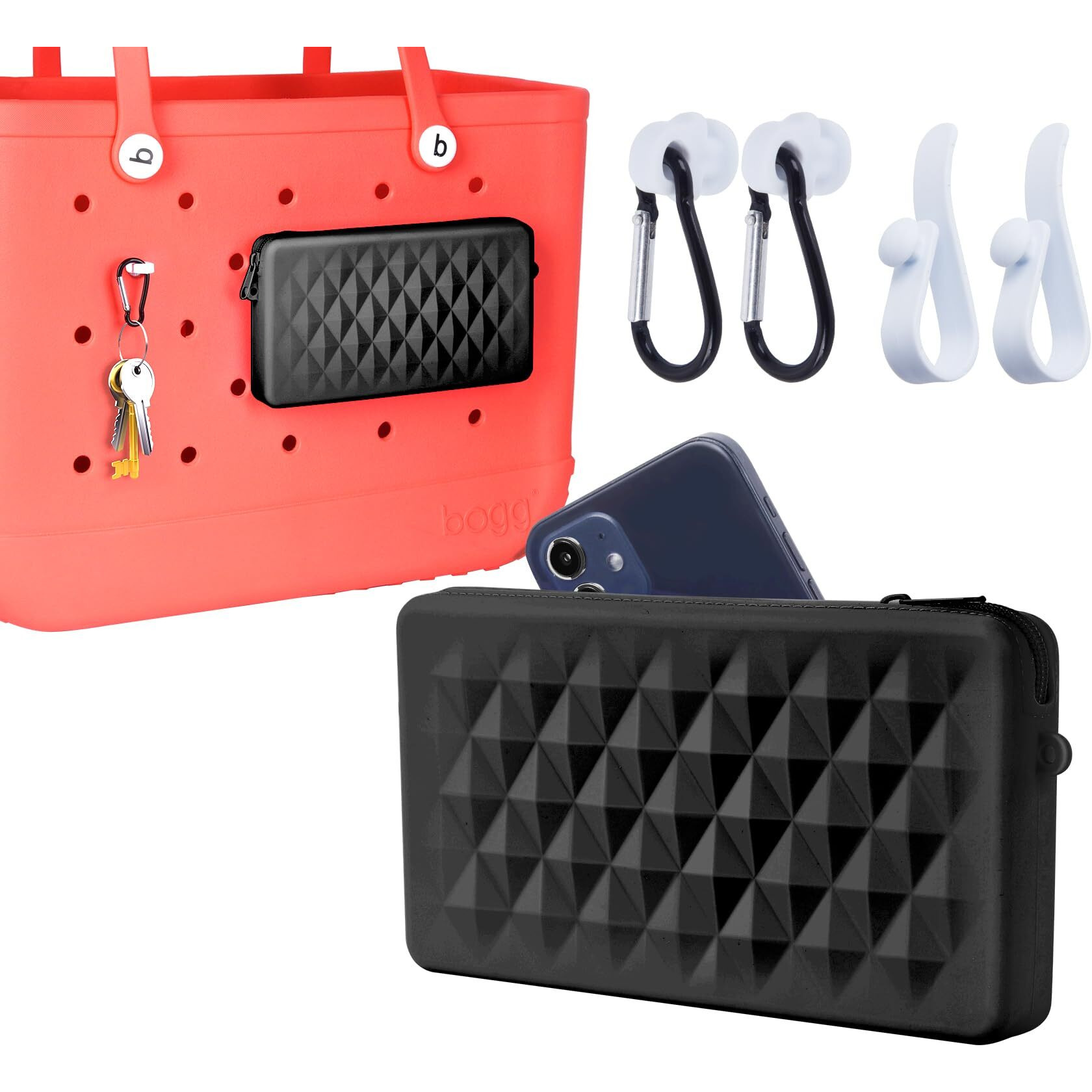 Raymall Phone Holder Pouch For Bogg Bag Accessories, Universal Silicone Phone Holder Compatible With Simple Modern Beach Tote L/Xl And Fits Bogg Bag Xl, Zipper Pouch With 4 Hooks Black