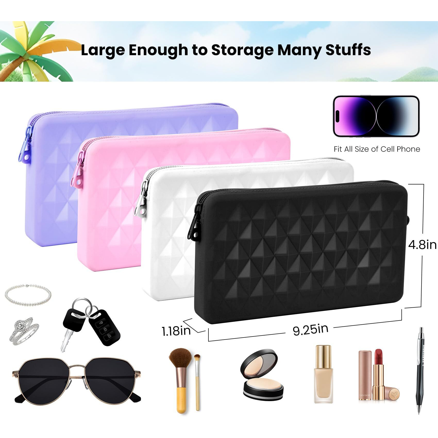 Raymall Phone Holder Pouch For Bogg Bag Accessories, Universal Silicone Phone Holder Compatible With Simple Modern Beach Tote L/Xl And Fits Bogg Bag Xl, Zipper Pouch With 4 Hooks Black