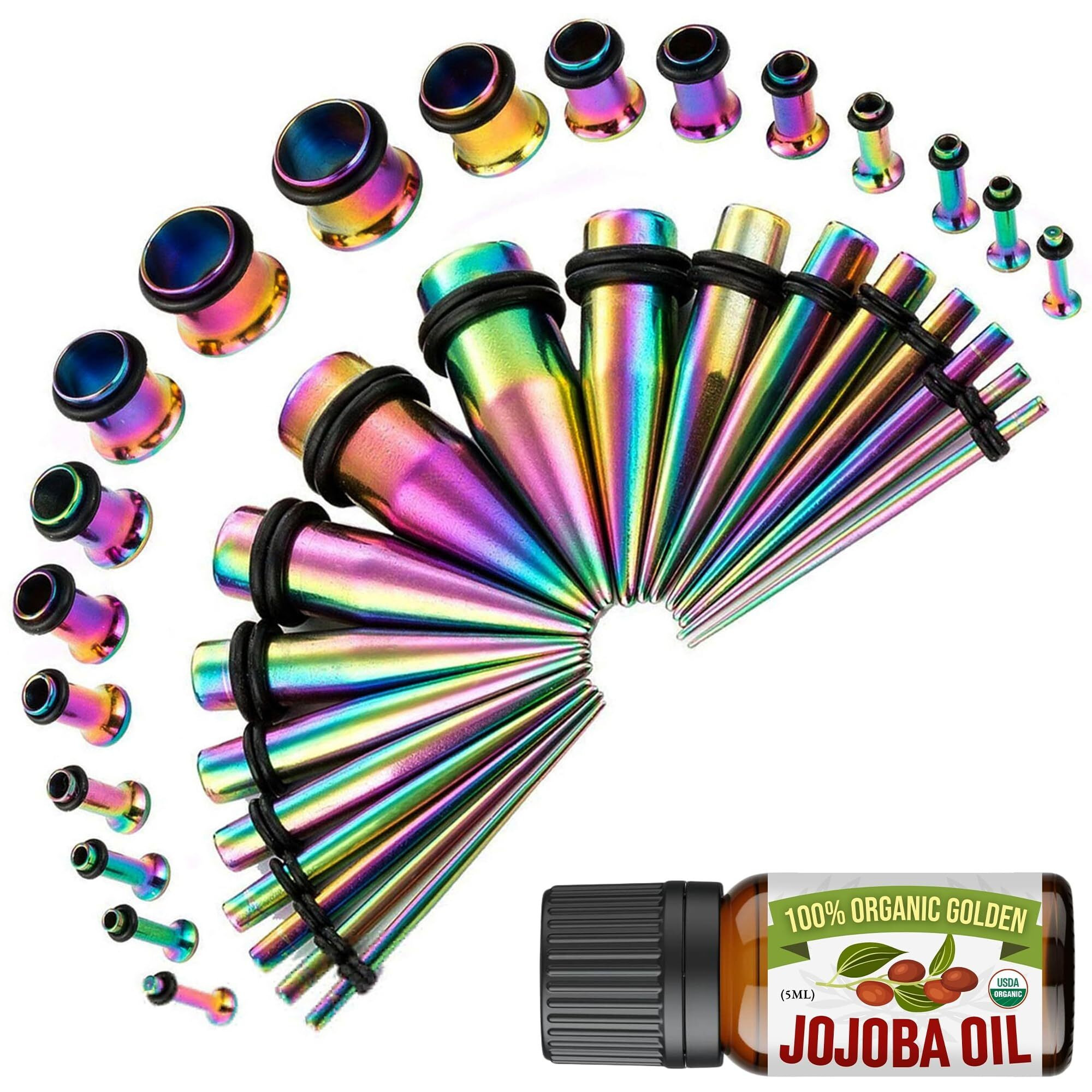 Bodyj4You 37Pc Ear Stretching Kit - Beginner Gauges 14G-00G Starter Set - Aftercare Jojoba Oil - Rainbow Steel Tapers Single Flare Plugs Tunnels - Women Eyelet Mens Earrings Expander Piercing Jewelry