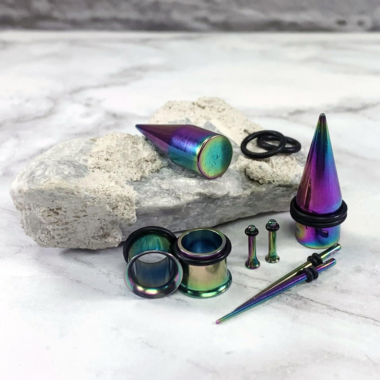 Bodyj4You 37Pc Ear Stretching Kit - Beginner Gauges 14G-00G Starter Set - Aftercare Jojoba Oil - Rainbow Steel Tapers Single Flare Plugs Tunnels - Women Eyelet Mens Earrings Expander Piercing Jewelry