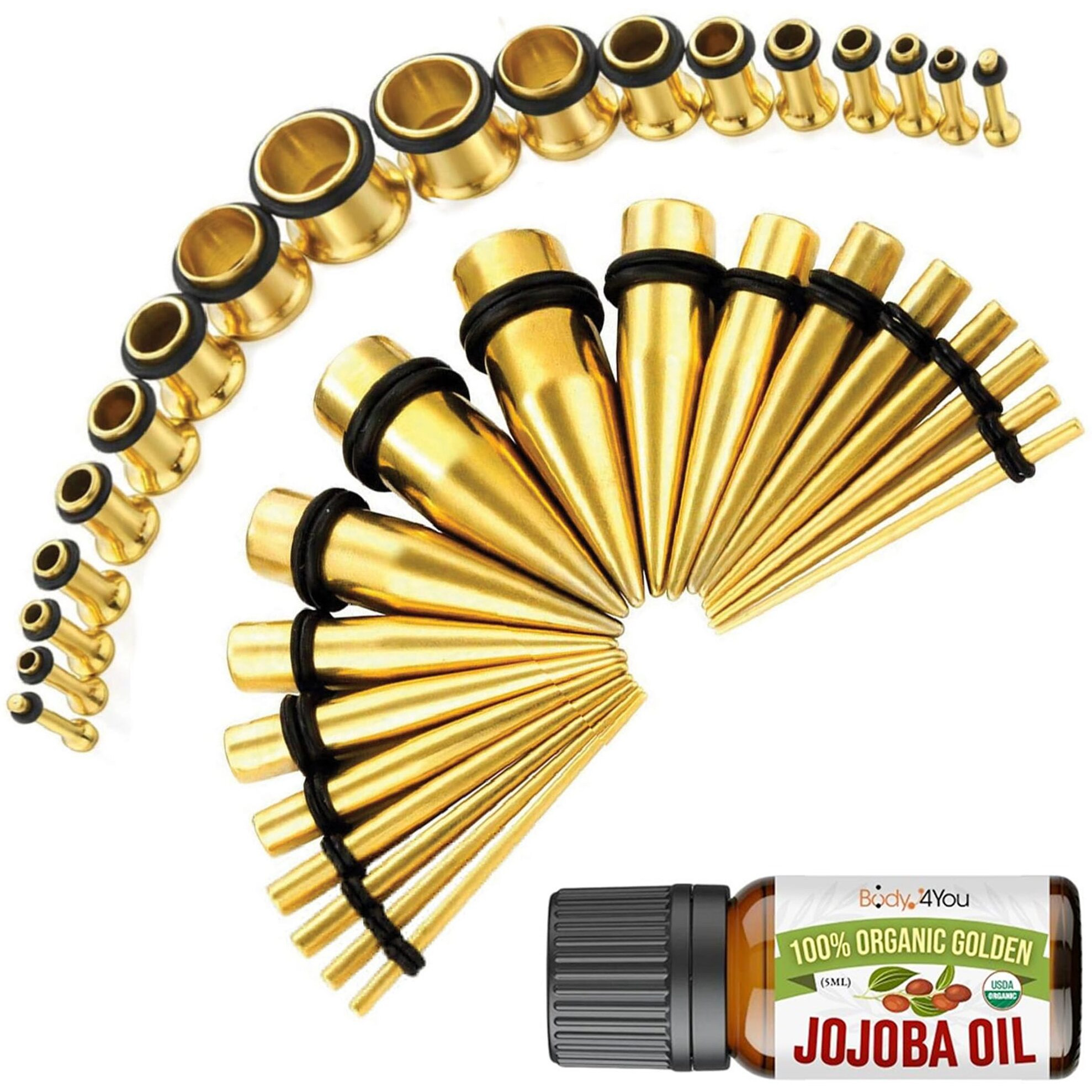 Bodyj4You 37Pc Ear Stretching Kit - Beginner Gauges 14G-00G Starter Set - Aftercare Jojoba Oil - Goldtone Steel Tapers Single Flare Plugs Tunnels - Women Eyelet Mens Earrings Expander Piercing Jewelry