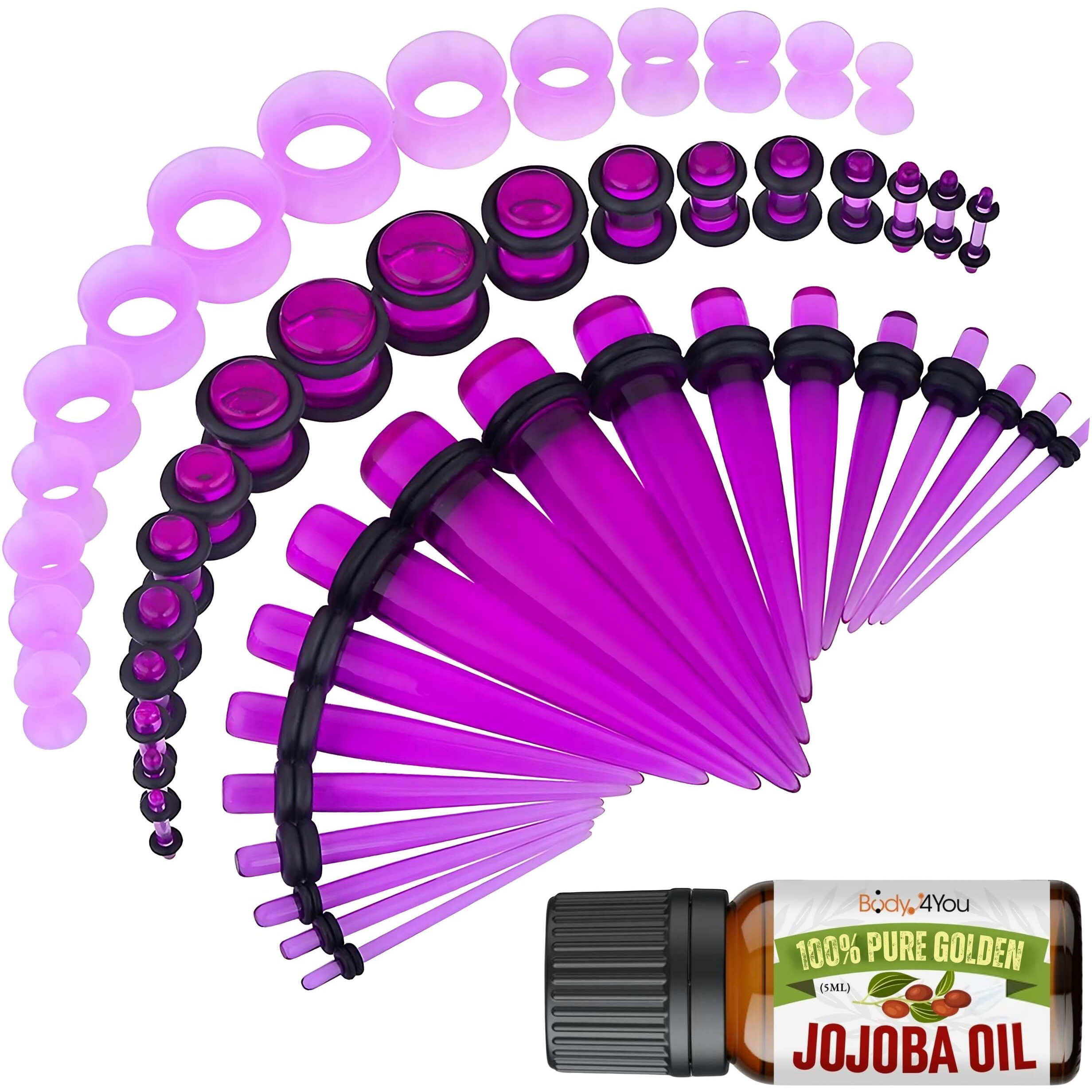 Bodyj4You 54Pc Ear Stretching Kit 14G-12Mm - Aftercare Jojoba Oil - Transparent Purple Acrylic Plugs Gauge Tapers Silicone Tunnels - Lightweight Expanders Men Women