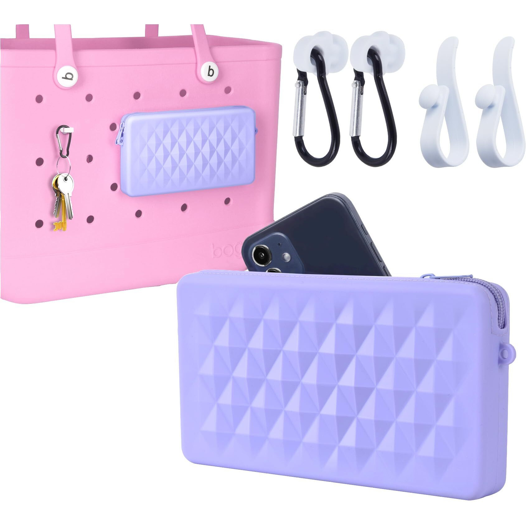Raymall Silicone Pouch For Bogg Bag Accessories, Universal Phone Holder For Bogg Bag, Zipper Pouch Wallet With 4 Hooks Accessories Compatible With Simple Modern Beach Tote Xl/L Size (Purple)