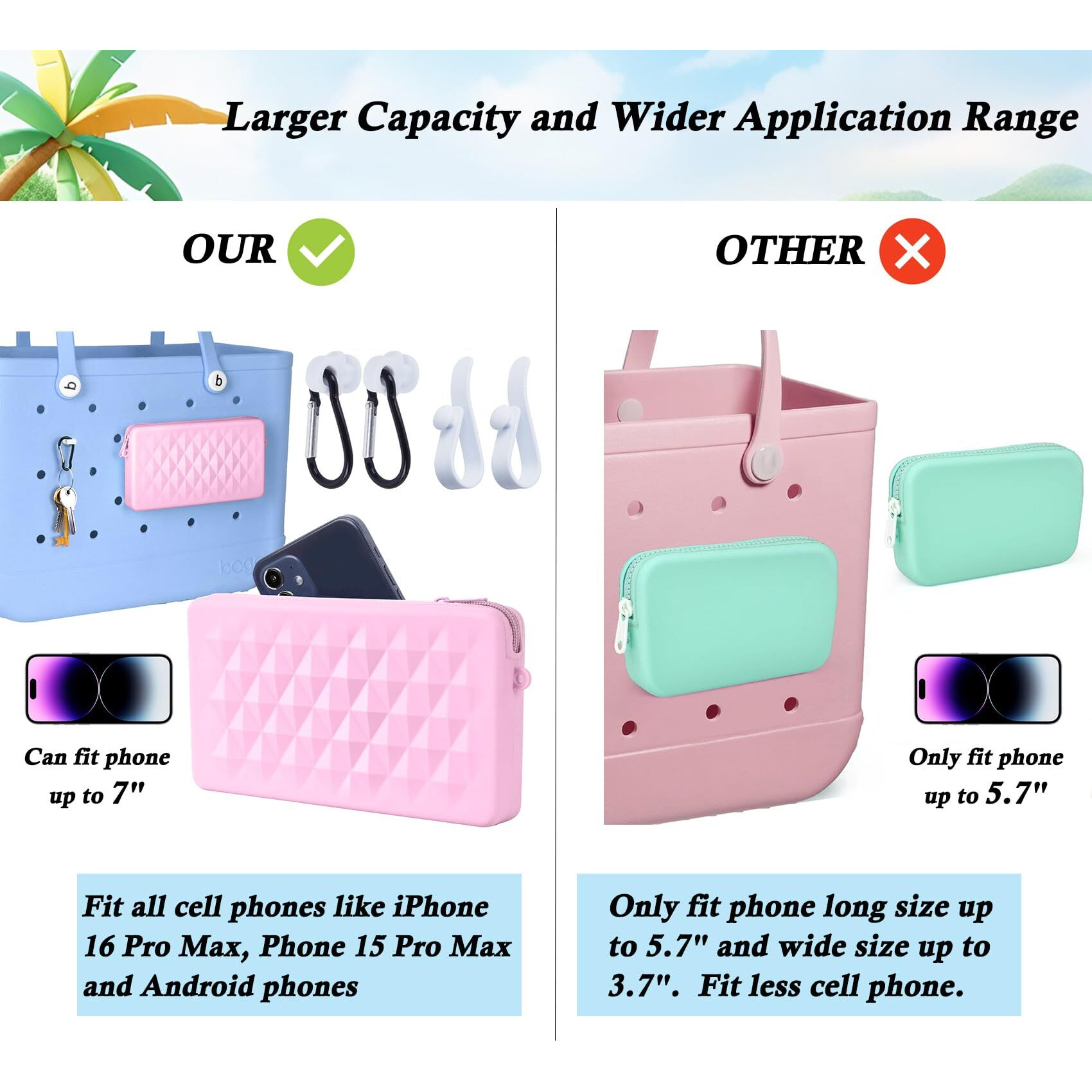 Raymall Silicone Pouch For Bogg Bag Accessories, Universal Phone Holder For Bogg Bag, Zipper Pouch Wallet With 4 Hooks Accessories Compatible With Simple Modern Beach Tote Xl/L Size (Purple)