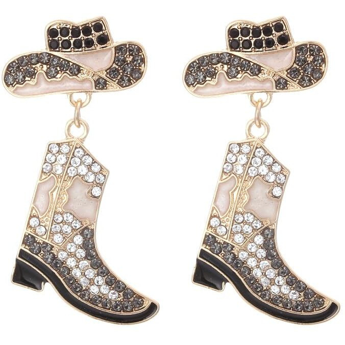 Rhinestone Western Cowman Earrings Hypoallergenic Cute Alloy Drop Oil Set Diamond Western Cowman Hat Boots Pendant Earrings Jewelry For Women-F