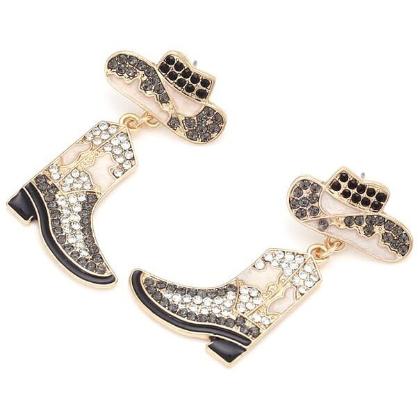 Rhinestone Western Cowman Earrings Hypoallergenic Cute Alloy Drop Oil Set Diamond Western Cowman Hat Boots Pendant Earrings Jewelry For Women-F