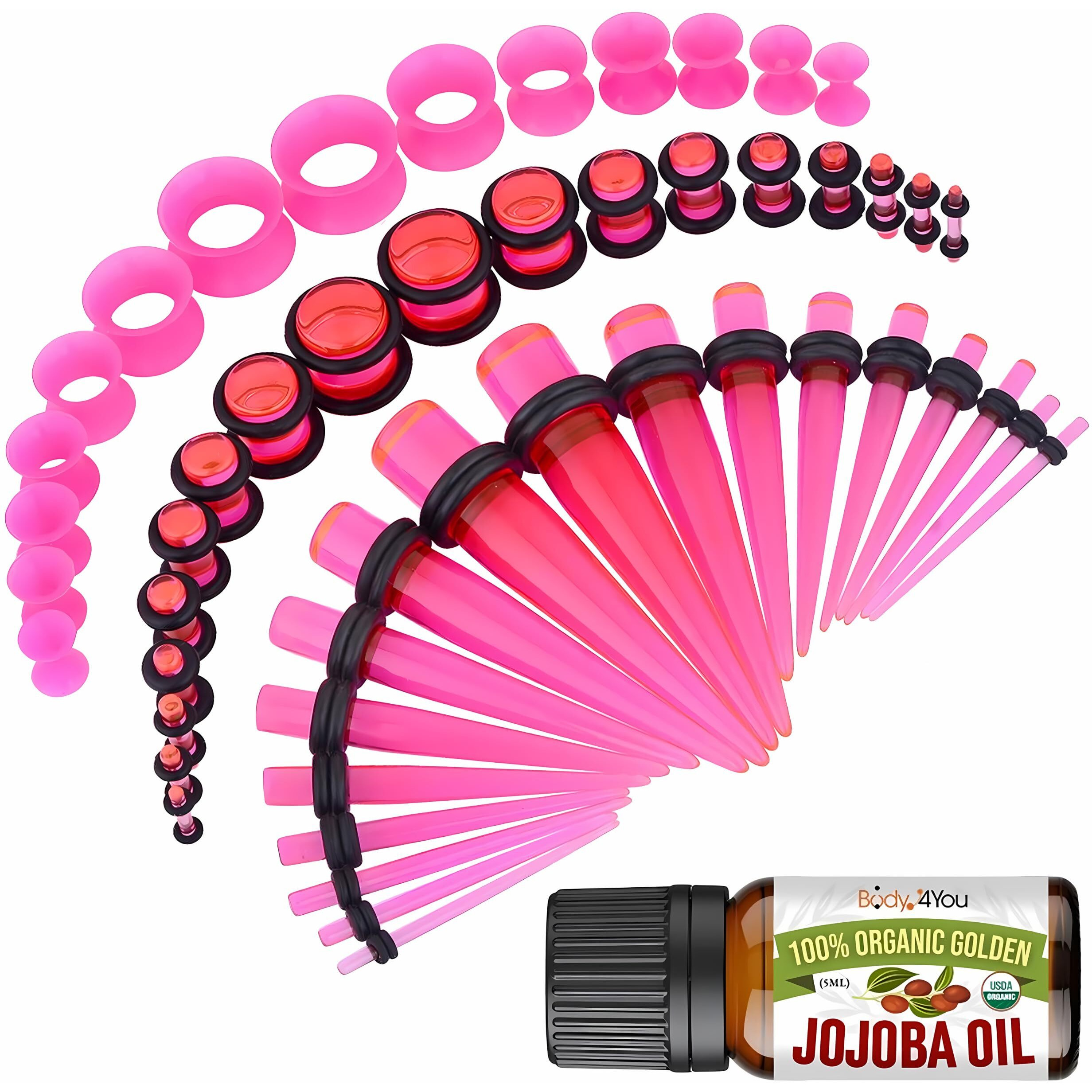 Bodyj4You 54Pc Ear Stretching Kit 14G-12Mm - Aftercare Jojoba Oil - Transparent Pink Acrylic Plugs Gauge Tapers Silicone Tunnels - Lightweight Expanders Men Women