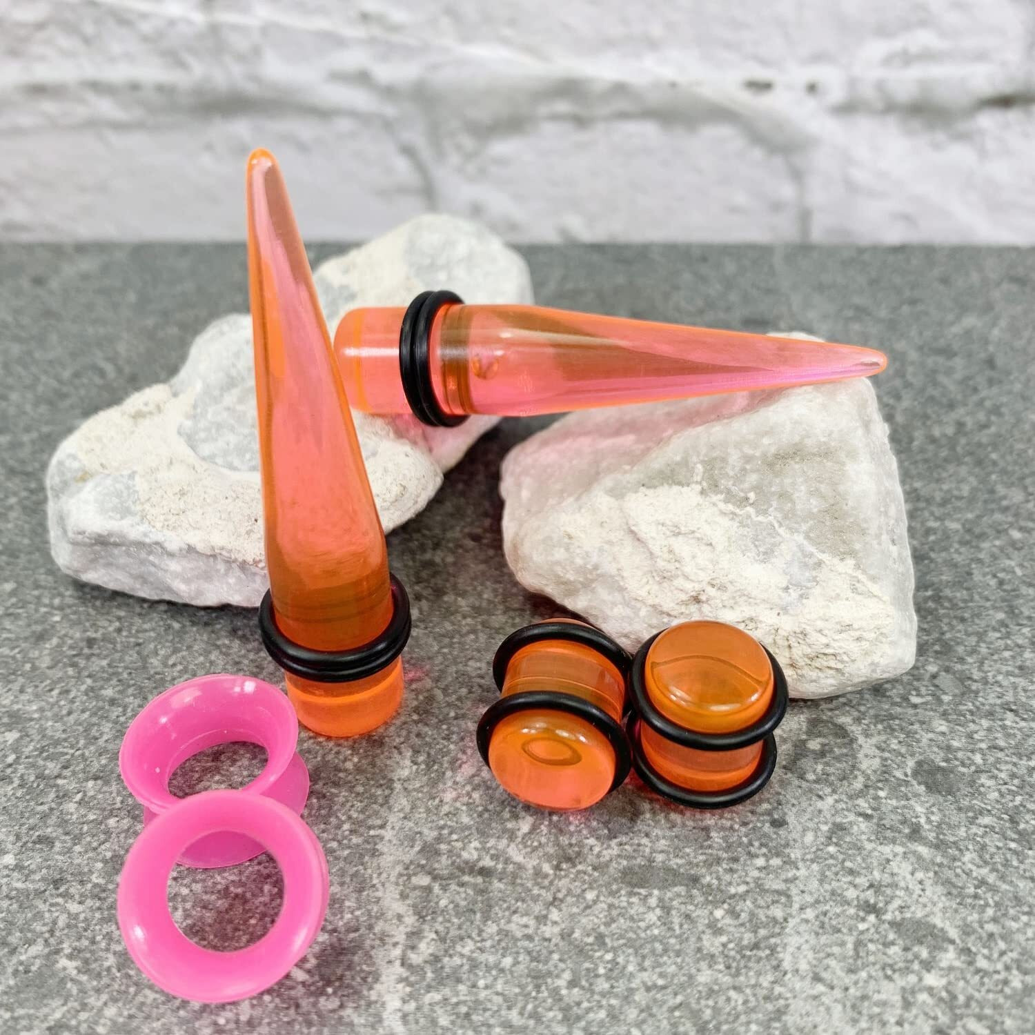 Bodyj4You 54Pc Ear Stretching Kit 14G-12Mm - Aftercare Jojoba Oil - Transparent Pink Acrylic Plugs Gauge Tapers Silicone Tunnels - Lightweight Expanders Men Women