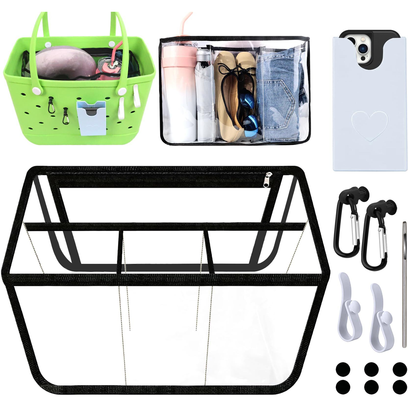 Kooterfun 6Pcs Clear Organizer Inserts For Bogg Bag X - Large Original Accessories 18.1X8.2X12.2In With Phone Holder & Key Holder For Bogg Bag & Other Rubber Beach Bag, Organizer & Divide Space