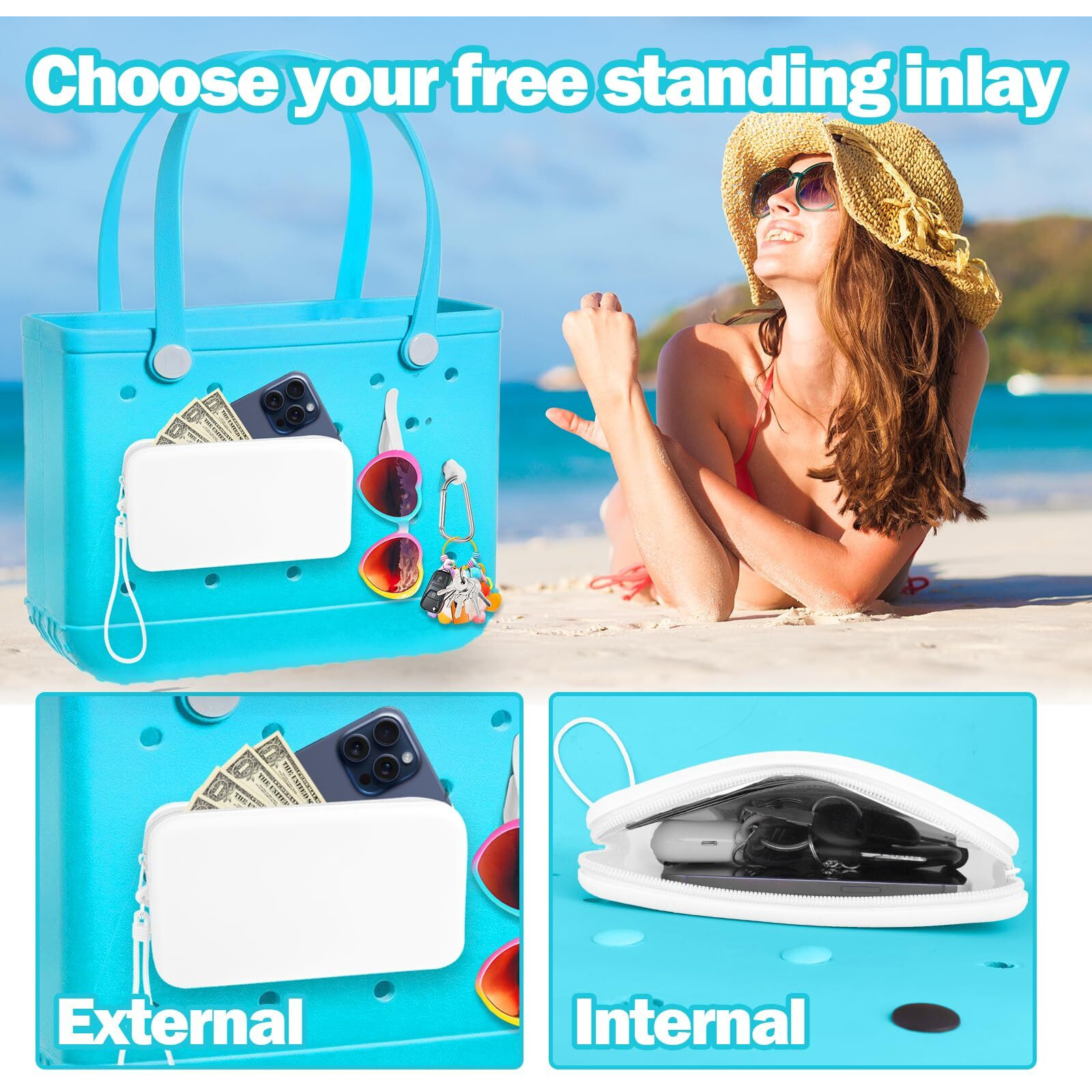 Mity Rain Silicone Organizer For Bogg Bag Phone Holder, Accessories Set For Bogg Bag Contain 2Pcs Key Holder And A Large Capacity Silicone Zipper Bag For Beach Bags Tote Bag (White)