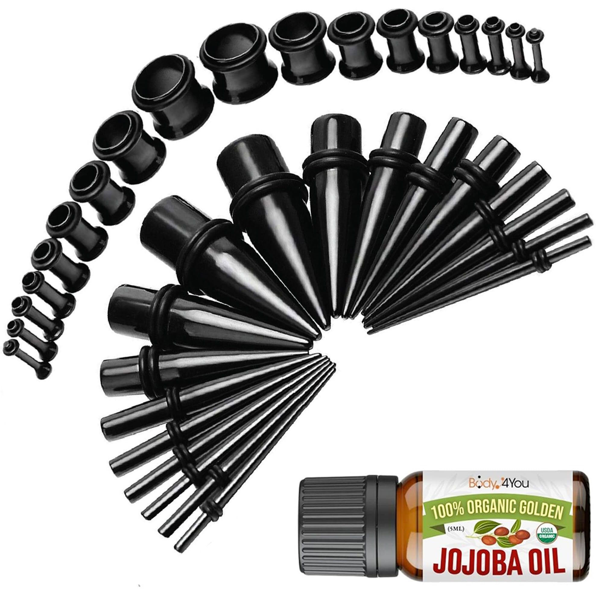 Bodyj4You 37Pc Ear Stretching Kit - Beginner Gauges 14G-00G Starter Set - Aftercare Jojoba Oil - Black Steel Tapers Single Flare Plugs Tunnels - Women Eyelet Mens Earrings Expander Piercing Jewelry