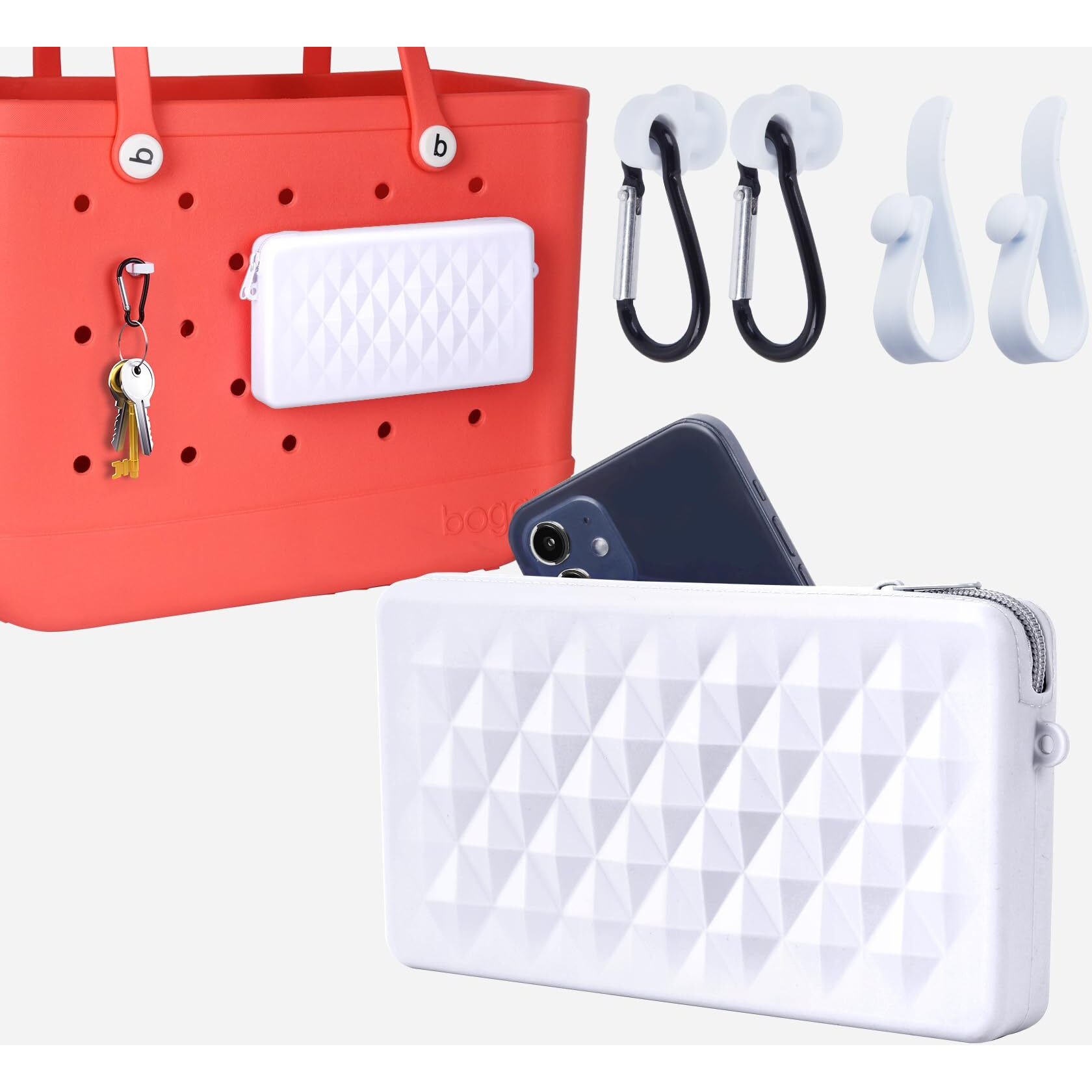 Raymall Silicone Pouch For Bogg Bag Accessories, Universal Phone Holder For Bogg Bag, Zipper Pouch Fits Simple Modern Beach Tote L/Xl, Zipper Wallet Pocket With 4 Key Hooks White