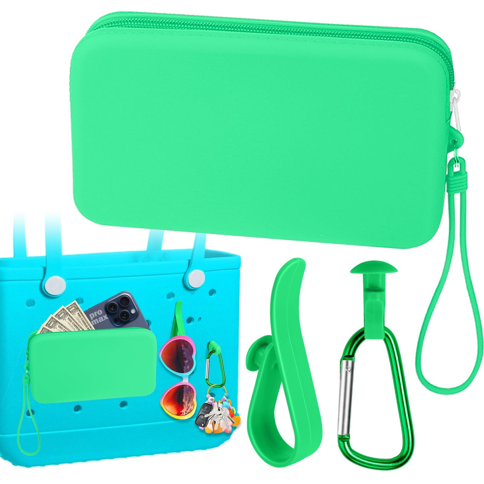 Mity Rain Silicone Organizer For Bogg Bag Phone Holder, Accessories Set For Bogg Bag Contain 2Pcs Key Holder And A Large Capacity Silicone Zipper Bag For Beach Bags Tote Bag(Green)