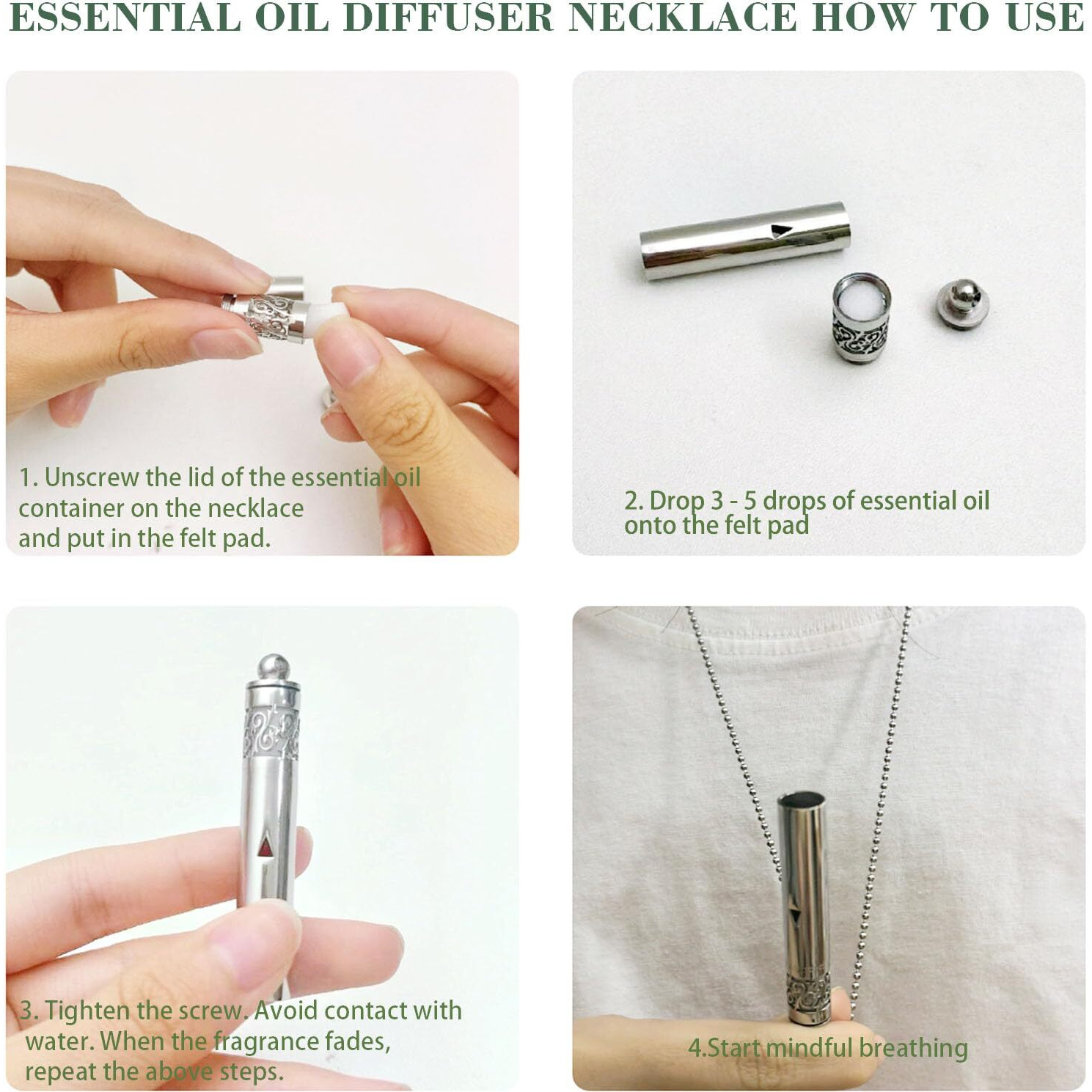 Vicusse Stainless Steel Breathing Necklace For Women & Men Essential Oil Diffuser Necklace For Anxiety (A)