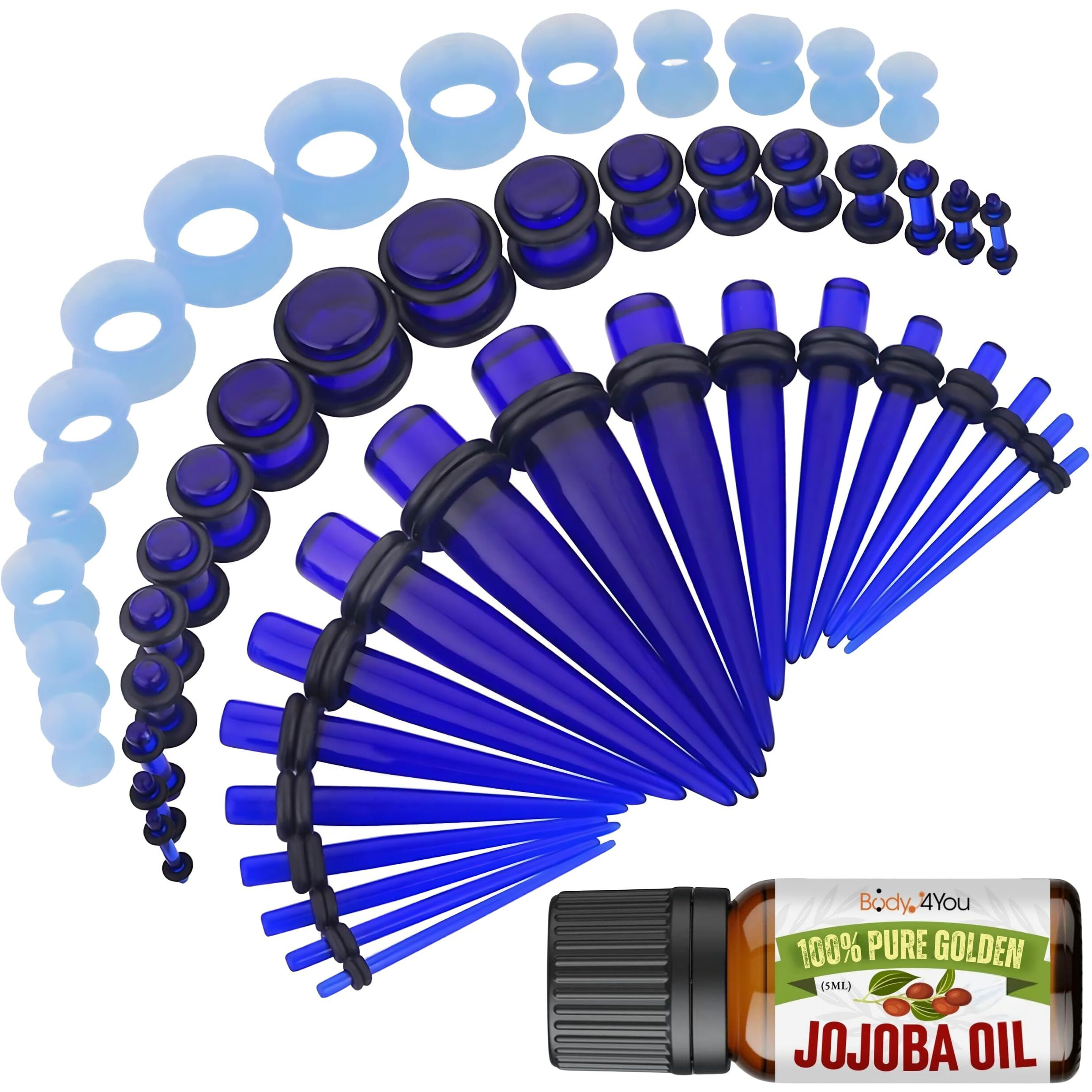Bodyj4You 54Pc Ear Stretching Kit 14G-12Mm - Aftercare Jojoba Oil - Transparent Blue Acrylic Plugs Gauge Tapers Silicone Tunnels - Lightweight Expanders Men Women