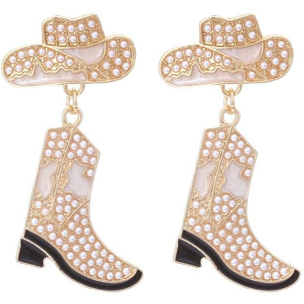 Rhinestone Western Cowman Earrings Hypoallergenic Alloy Drop Oil Set Diamond Western Cowman Hat Boots Pendant Earrings Jewelry For Women