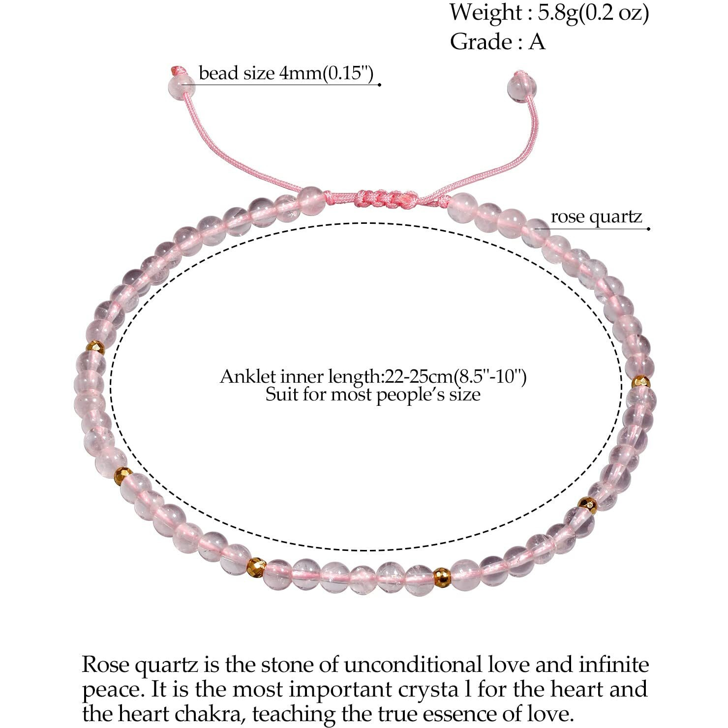 Jewever Rose Quartz Anklet Bracelet For Women Crystals And Healing Stones Essential Oil Diffuser Beach Foot Beaded Adjustable(8.5-10 Inches)