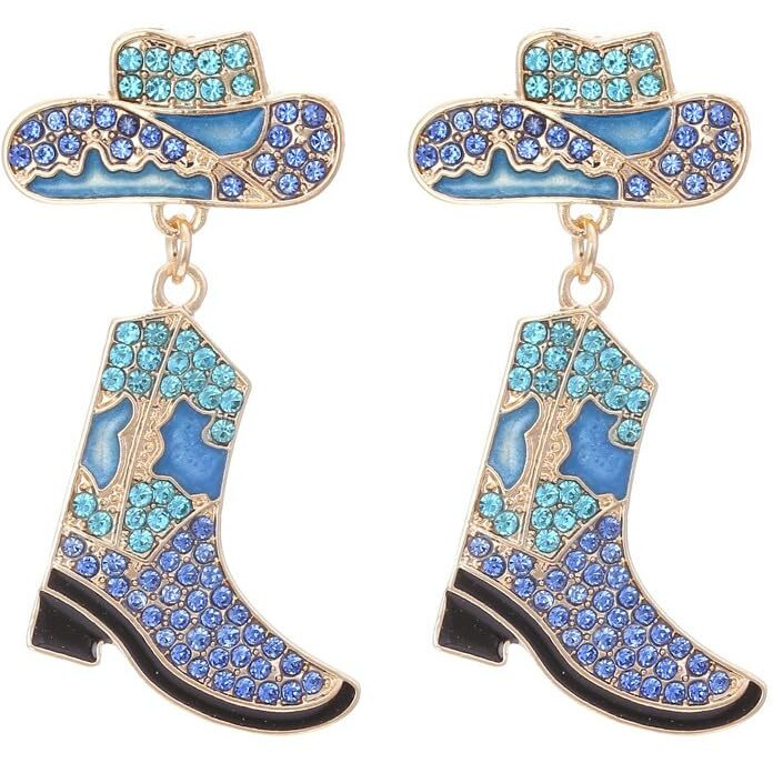 Rhinestone Western Cowman Earrings Hypoallergenic Cute Alloy Drop Oil Set Diamond Western Cowman Hat Boots Pendant Earrings Jewelry For Women