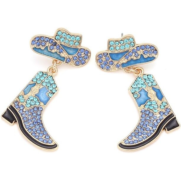 Rhinestone Western Cowman Earrings Hypoallergenic Cute Alloy Drop Oil Set Diamond Western Cowman Hat Boots Pendant Earrings Jewelry For Women