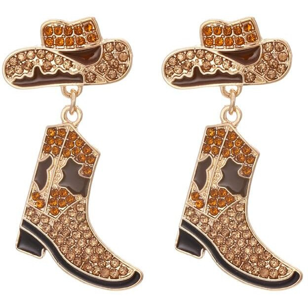Rhinestone Western Cowboy Earrings Hypoallergenic Cute Alloy Drop Oil Set Diamond Western Cowboy Hat Boots Pendant Earrings Jewelry For Women-E