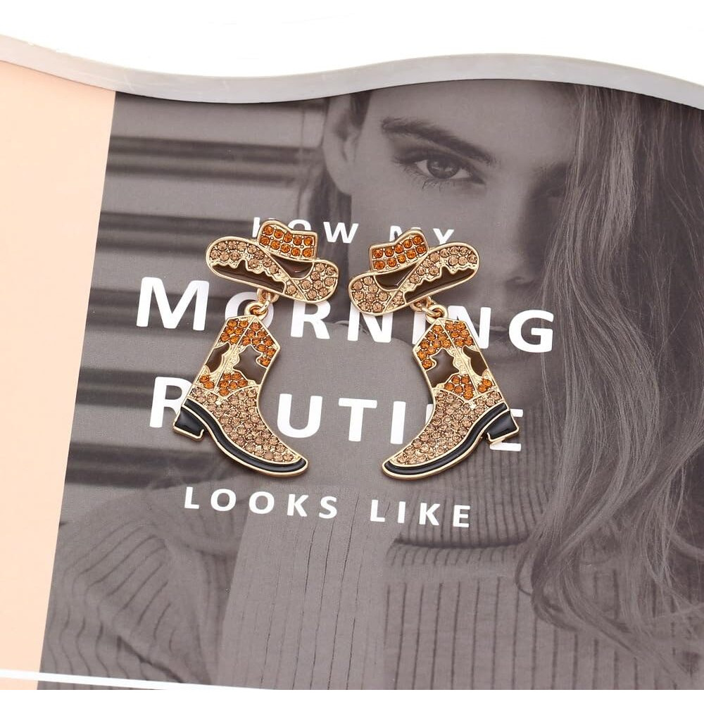 Rhinestone Western Cowboy Earrings Hypoallergenic Cute Alloy Drop Oil Set Diamond Western Cowboy Hat Boots Pendant Earrings Jewelry For Women-E