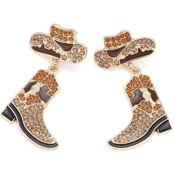 Rhinestone Western Cowboy Earrings Hypoallergenic Cute Alloy Drop Oil Set Diamond Western Cowboy Hat Boots Pendant Earrings Jewelry For Women-E