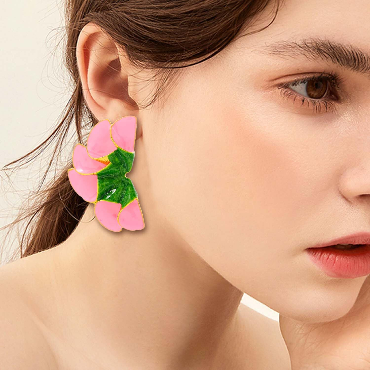 Aksod Large Flower Earrings Pink Enamel Floral Earrings Stud Dripping Oil Statement Plant Earrings Jewelry For Women (Green-Pink)