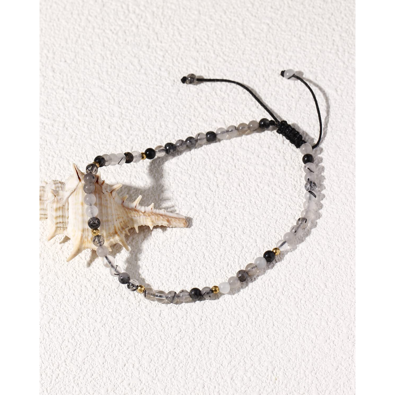 Jewever Black Rutilated Quartz Anklet Bracelet For Women Crystals And Healing Stones Essential Oil Diffuser Beach Foot Beaded Adjustable(8.5-10 Inches)