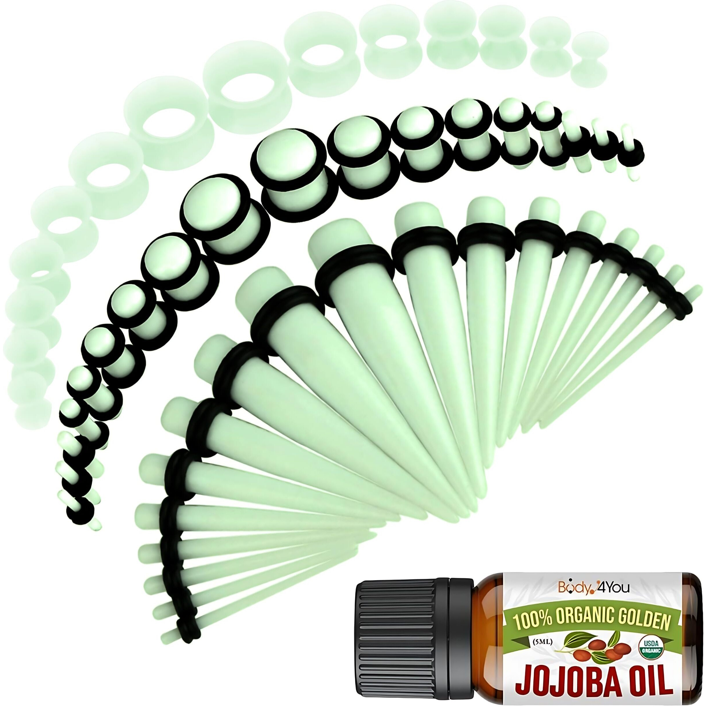 Bodyj4You 54Pc Ear Stretching Kit 14G-12Mm - Aftercare Jojoba Oil - Glow Dark Acrylic Plugs Gauge Tapers Silicone Tunnels - Lightweight Expanders Men Women